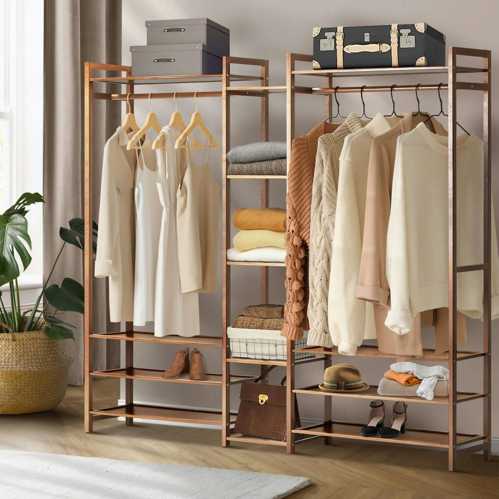 Oikiture Clothes Rack Open Wardrobe Garment Coat Hanging Rail Bamboo 13 Shelves