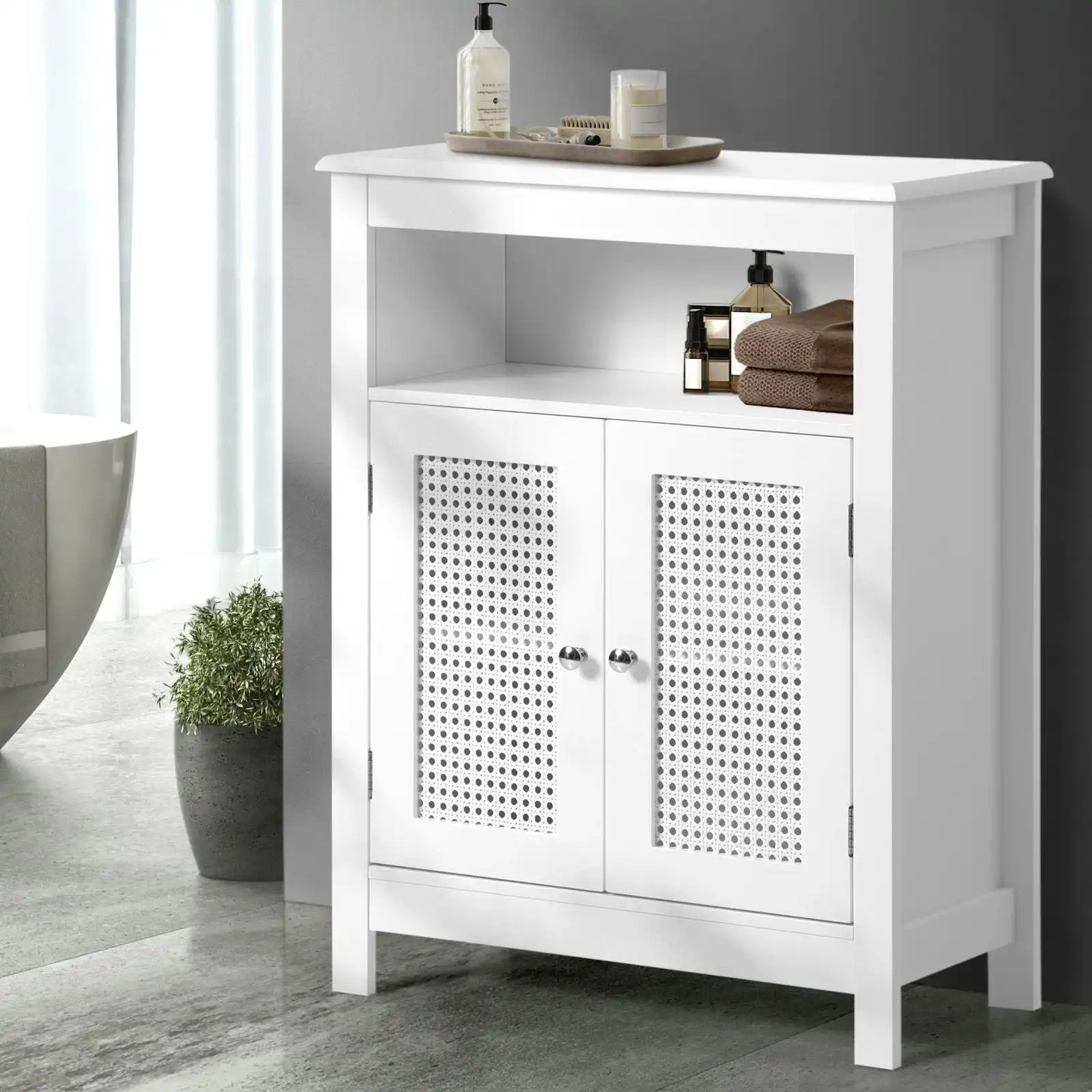 Oikiture Storage Cabinet Floor Cupboard Laundry Bathroom Two Rattan Door White