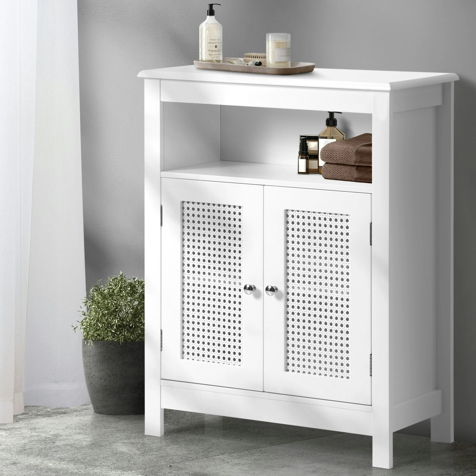 Oikiture Storage Cabinet Floor Cupboard Laundry Bathroom Two Rattan Door White