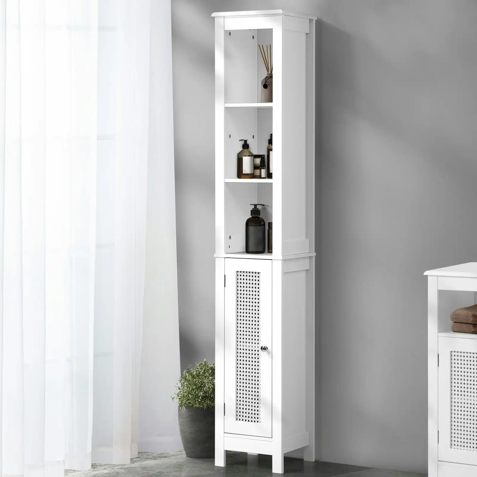 Oikiture Storage Cabinet Tall Slim Cupboard Bathroom Laundry Rattan Door White