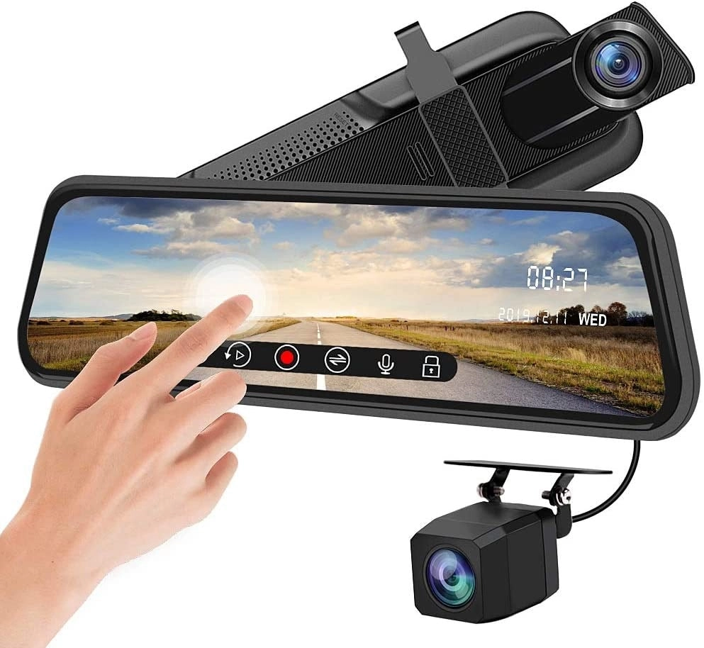 Junsun Backup Camera 10 inch Mirror Dash Cam Dual Lens Front Rear Dash Camera 1080P Full Touch Screen Video Streaming Rear View Mirror Loop Recording,