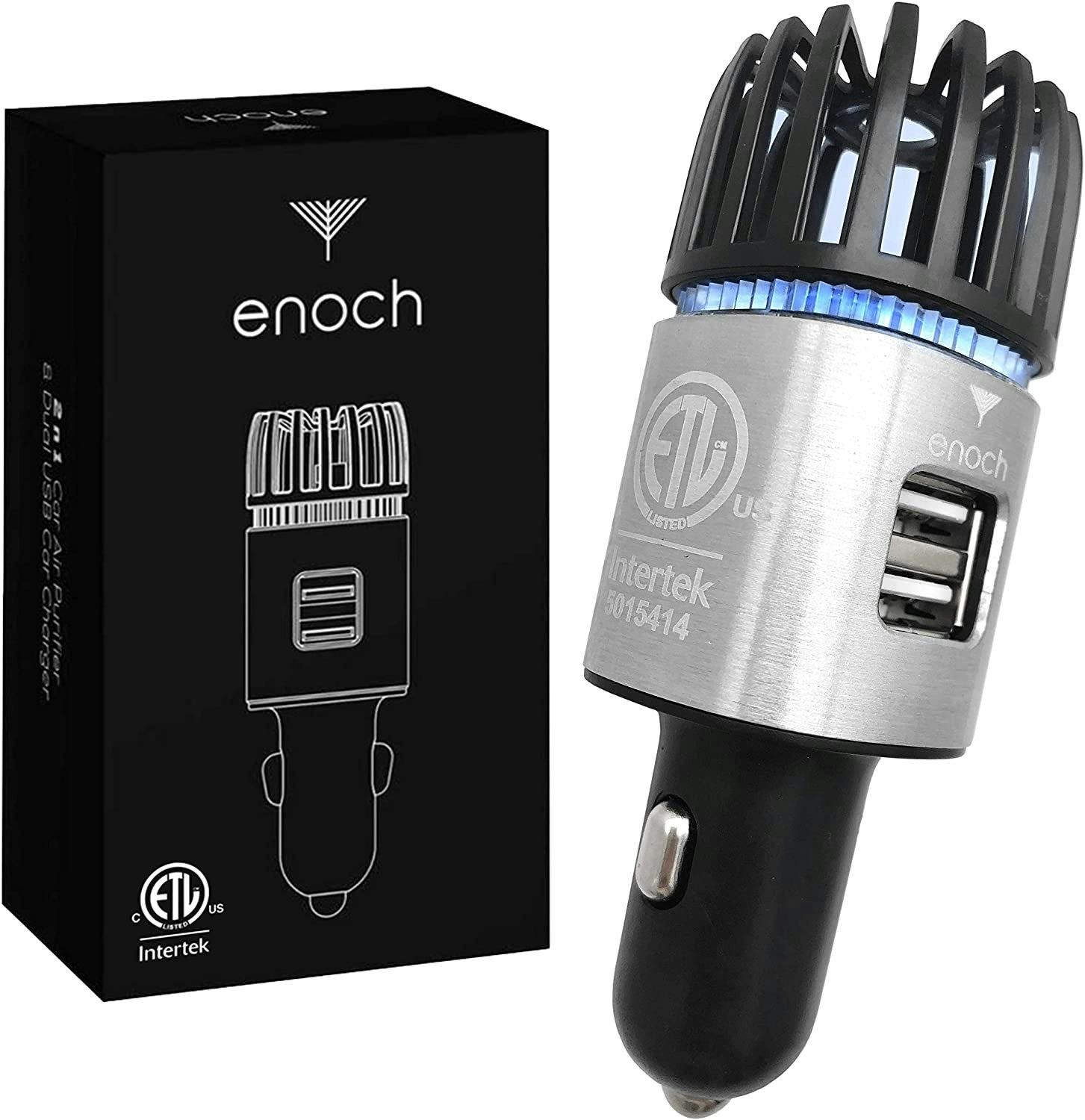 Enoch Car Air Purifier with USB Car Charger 2-Port. Car Air Freshener Eliminate Odor, Dust, Pollen. Removes Cigarette Smoke, Pet and Food Odor, Ionic