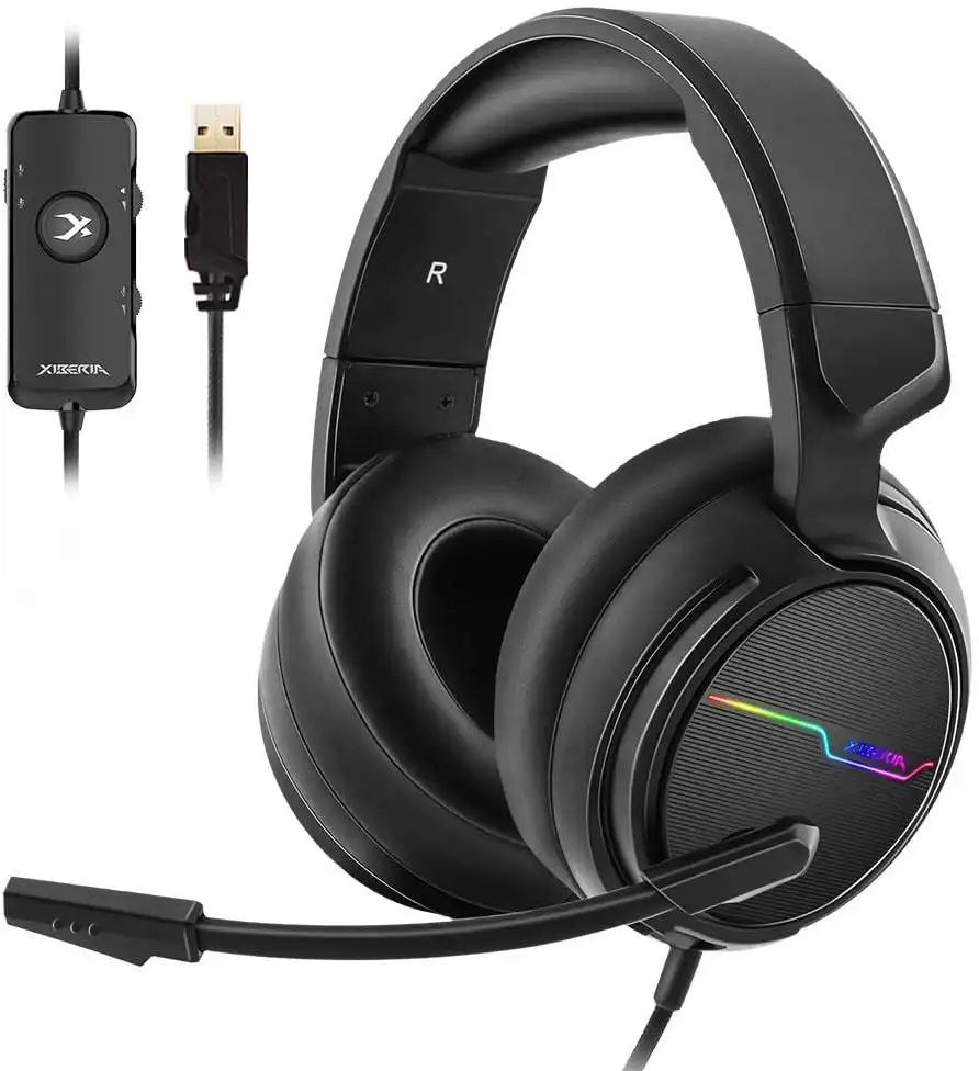 Jeecoo Xiberia USB Pro Gaming Headset for PC- 7.1 Surround Sound Headphones with Noise Cancelling Microphone- Memory Foam Ear Pads RGB Lights for Lapt