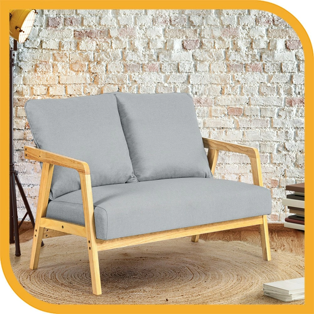 Furb Armchair 2 Seater Armchairs Sofa Lounge Wood Fabric Retro Couch Light Grey