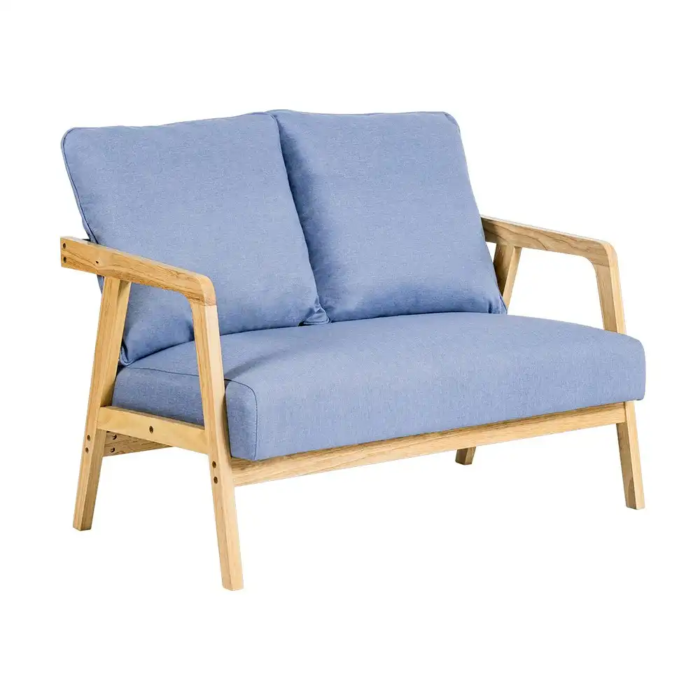 Furb Armchair 2 Seater Armchairs Sofa Lounge Wood Fabric Retro Couch Light Blue