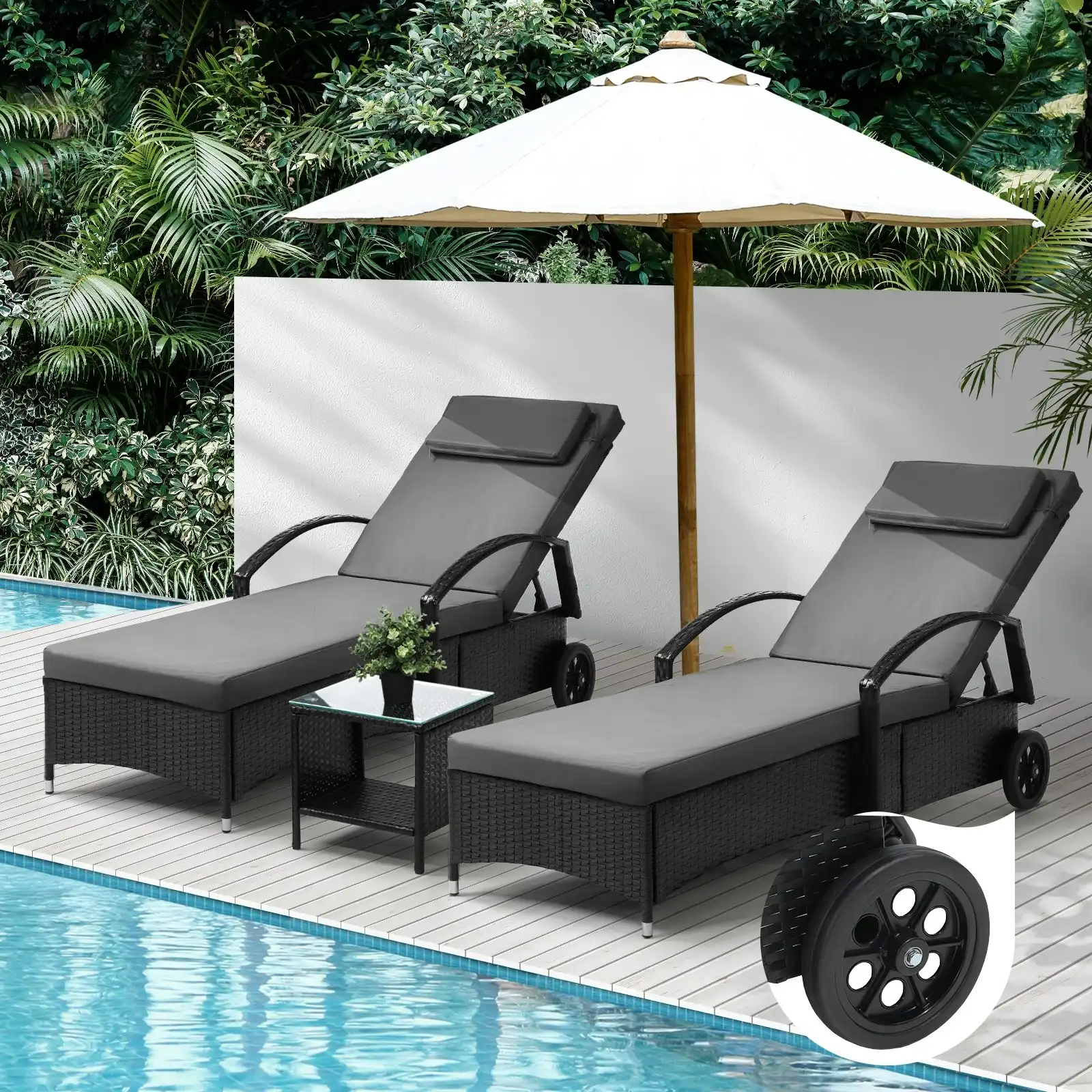 Livsip 2x Wheeled Sun Lounger Day Bed & Table Outdoor Setting Patio Furniture