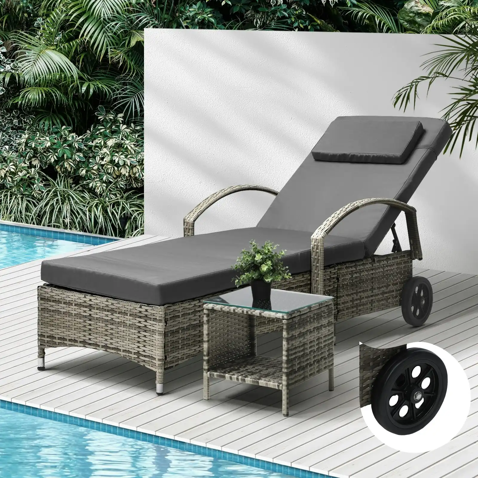 Livsip Sun Lounger Wheeled Day Bed with Table Patio Outdoor Setting Furniture