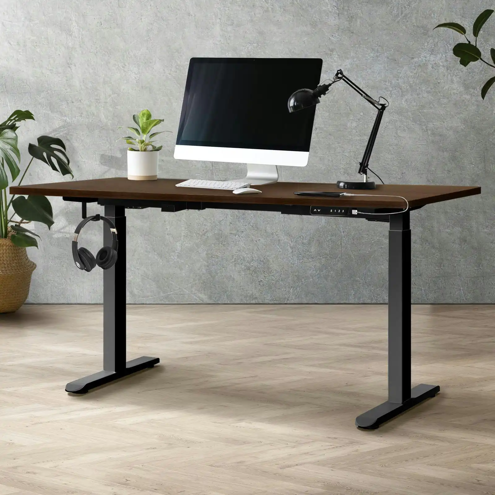 Oikiture 160CM Electric Standing Desk Dual Motor Height Adjustable Motorised Sit Stand Desk Rise Walnut