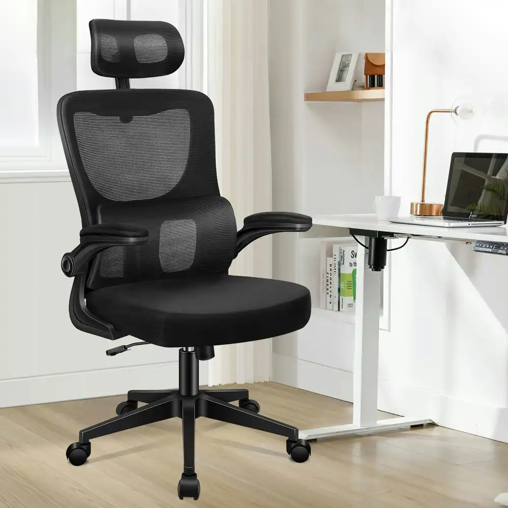 Alfordson Headrest Adjustable Mesh Office Chair with Flip-up Arms All Black