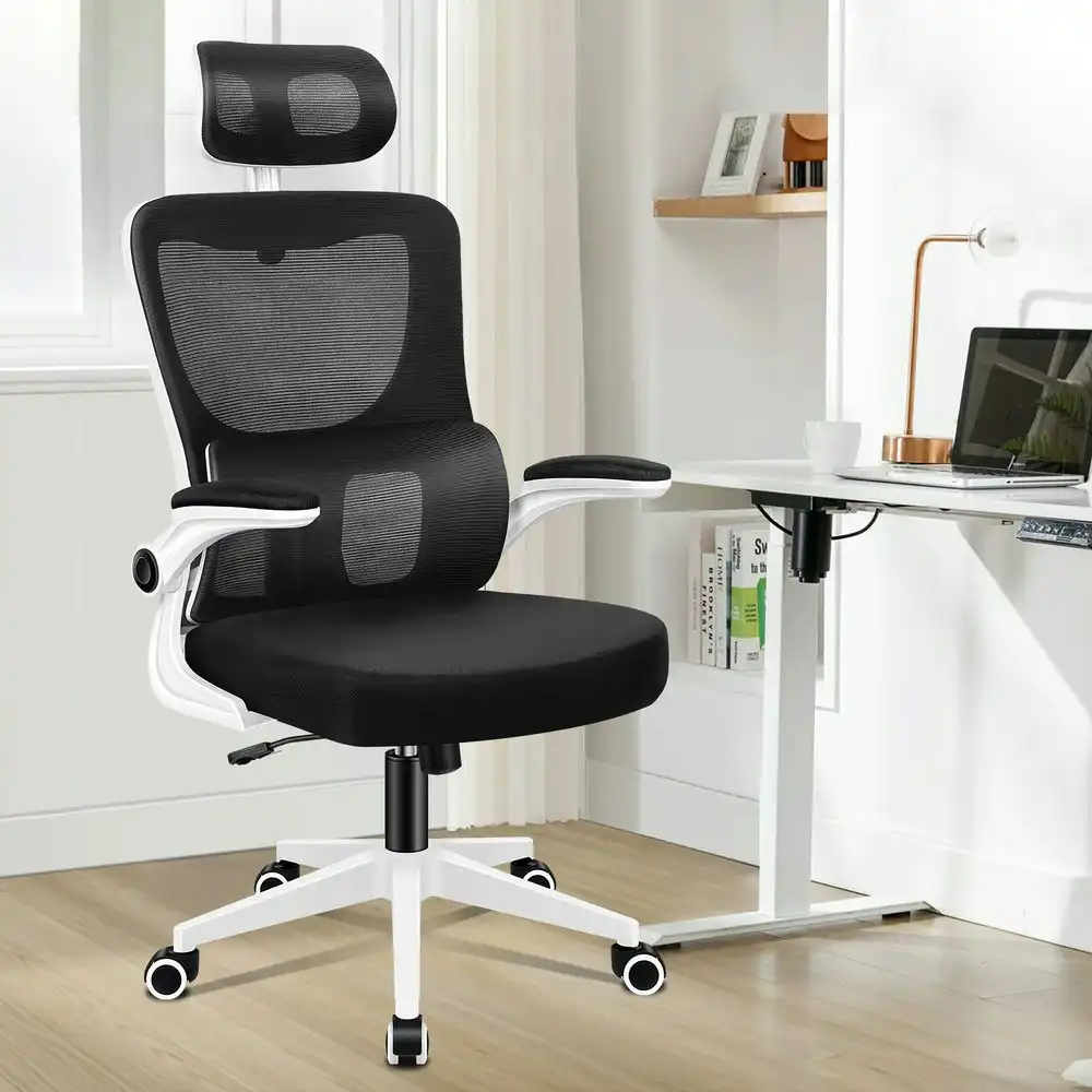 Alfordson Headrest Adjustable Mesh Office Chair with Flip-up Arms White Black