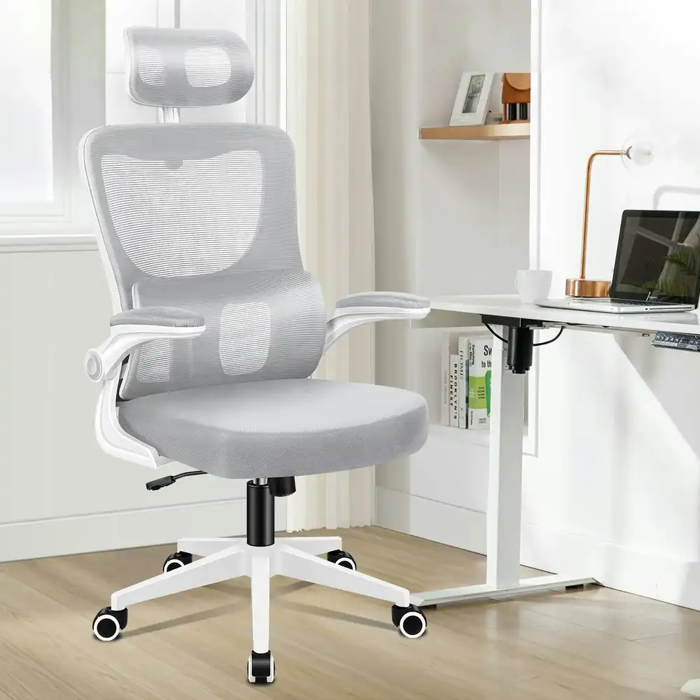 Alfordson Headrest Adjustable Mesh Office Chair with Flip-up Arms White Grey