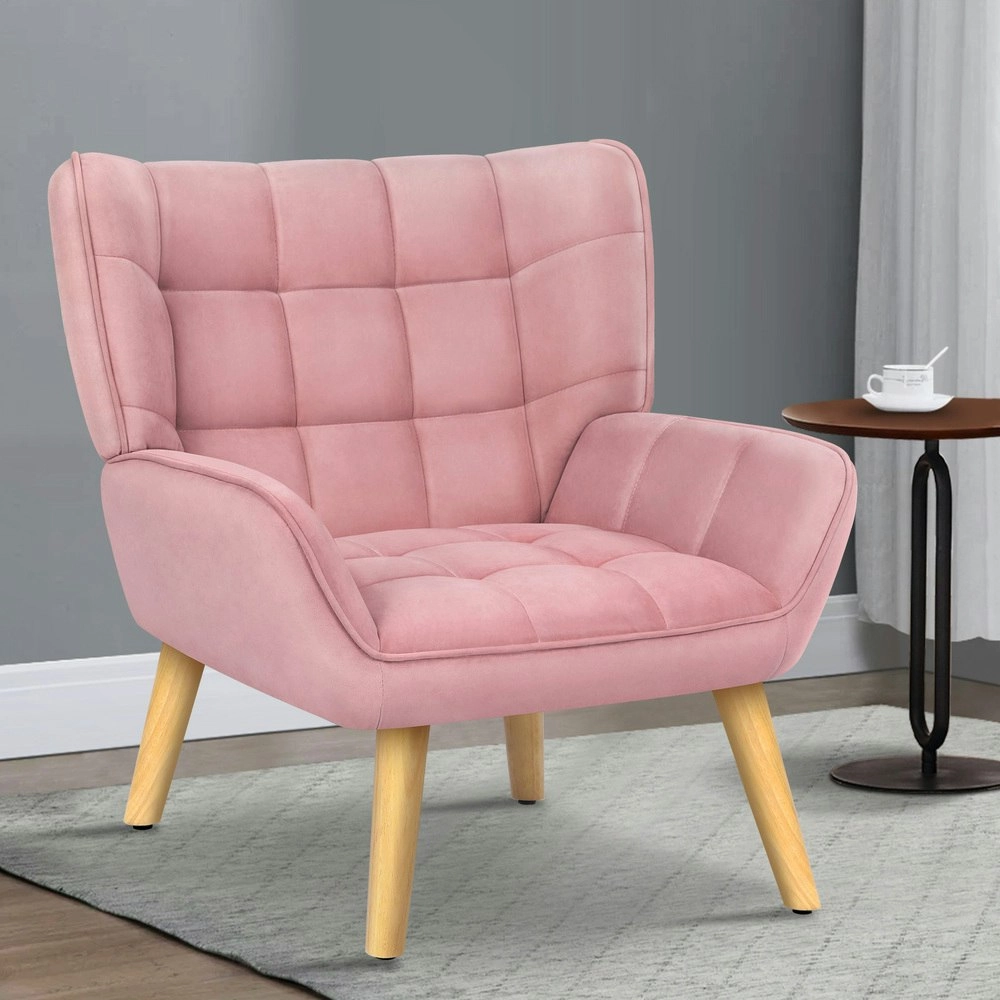 Alfordson Wooden Armchair Tub Chair Velvet Pink