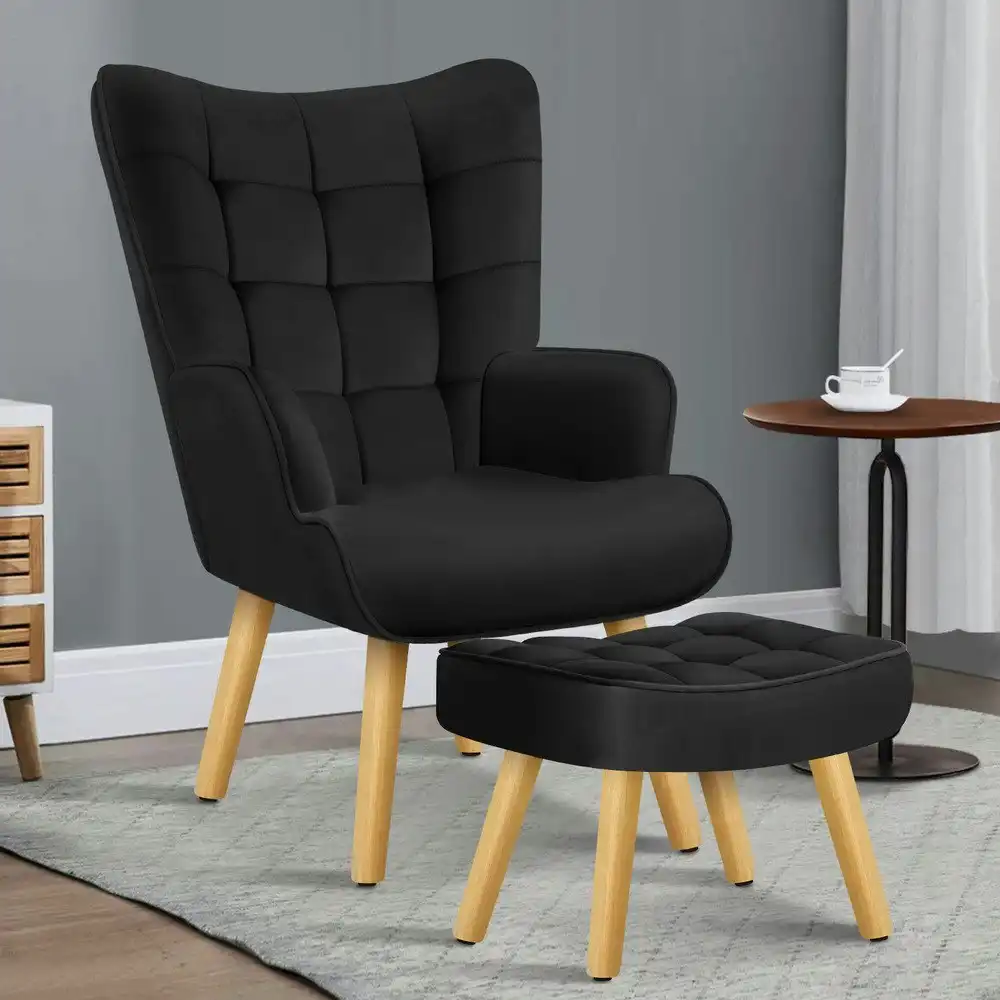 Alfordson Wooden Armchair Accent Chair Ottoman Velvet Black