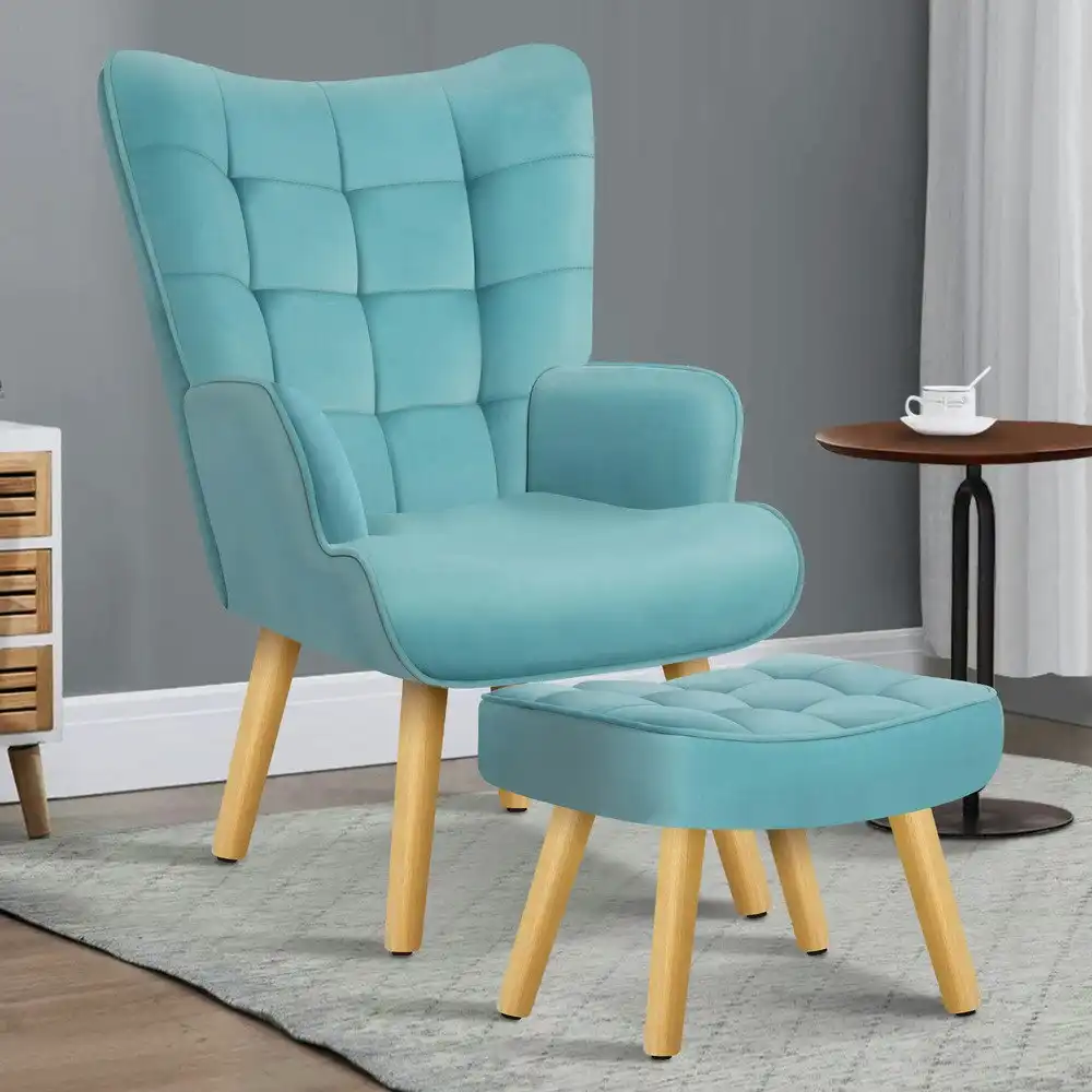 Alfordson Wooden Armchair Accent Chair Ottoman Velvet Blue
