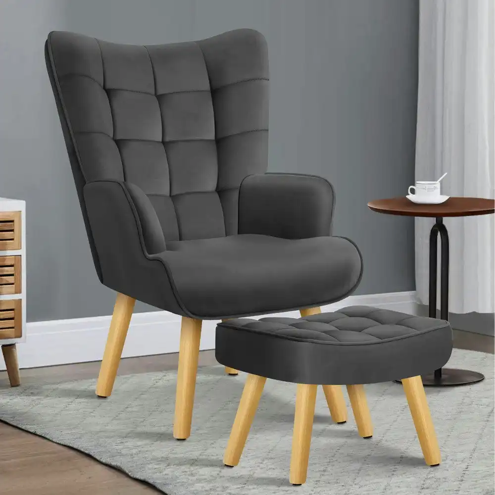 Alfordson Wooden Armchair Accent Chair Ottoman Velvet Dark Grey