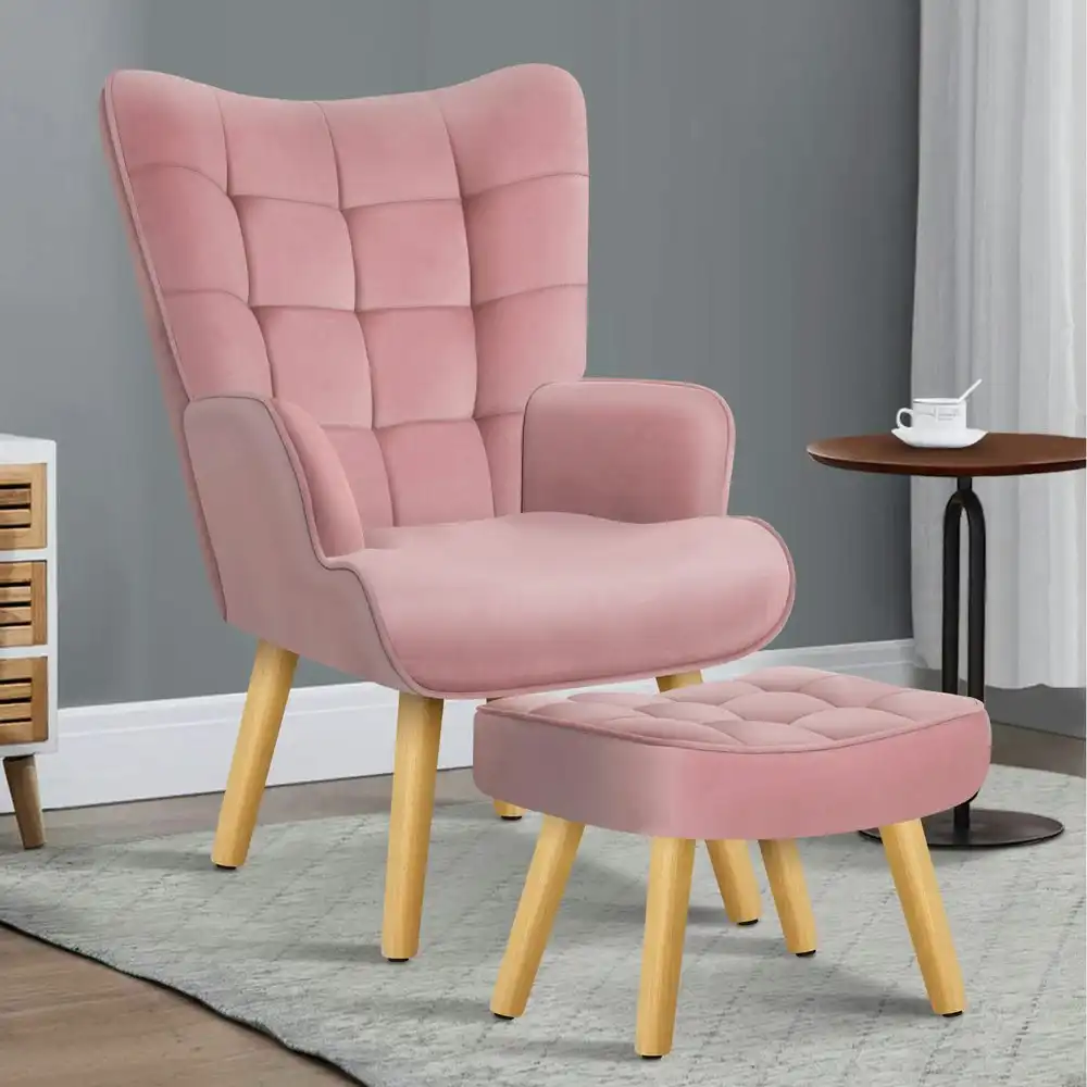 Alfordson Wooden Armchair Accent Chair Ottoman Velvet Pink