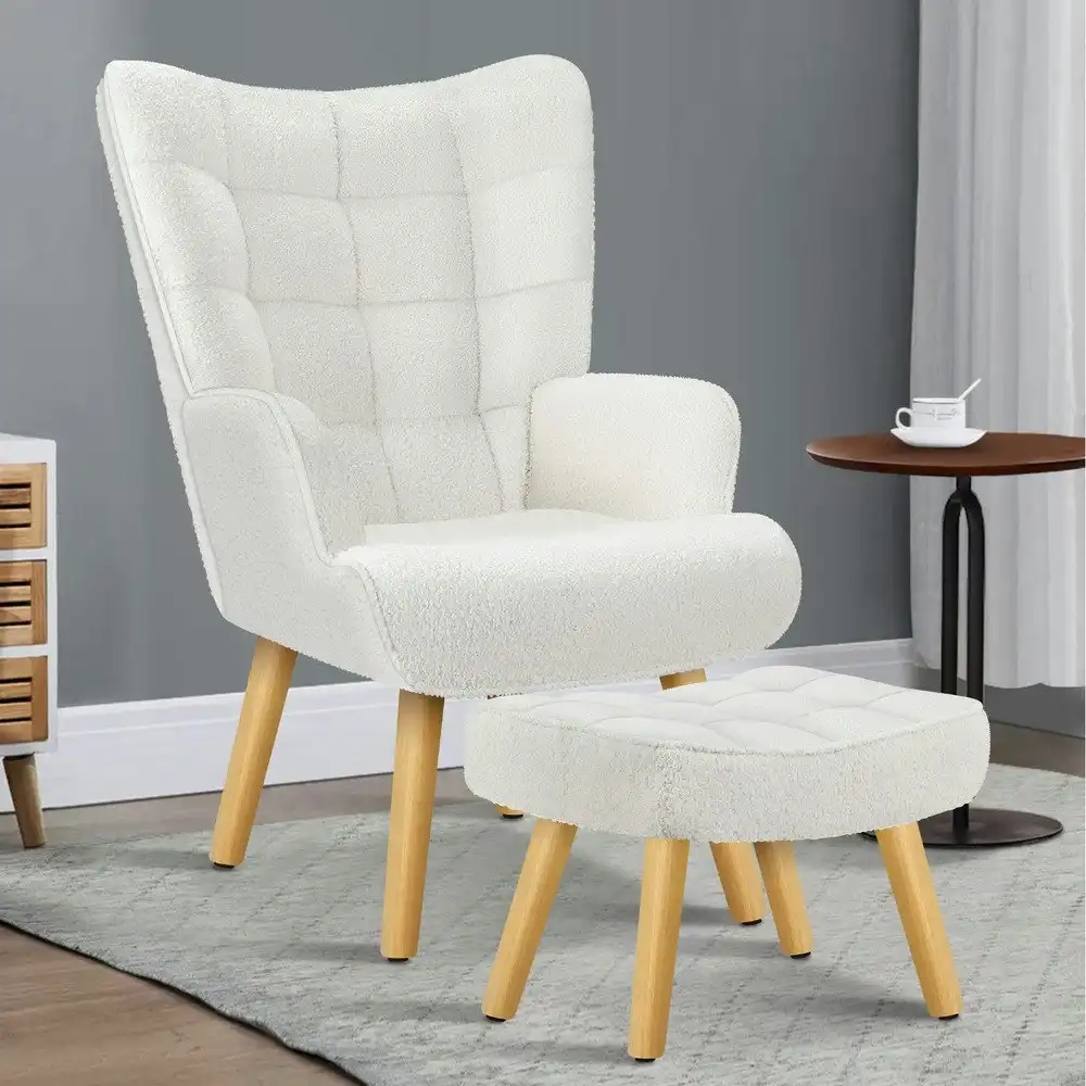 Alfordson Wooden Armchair Accent Chair Ottoman Boucle White