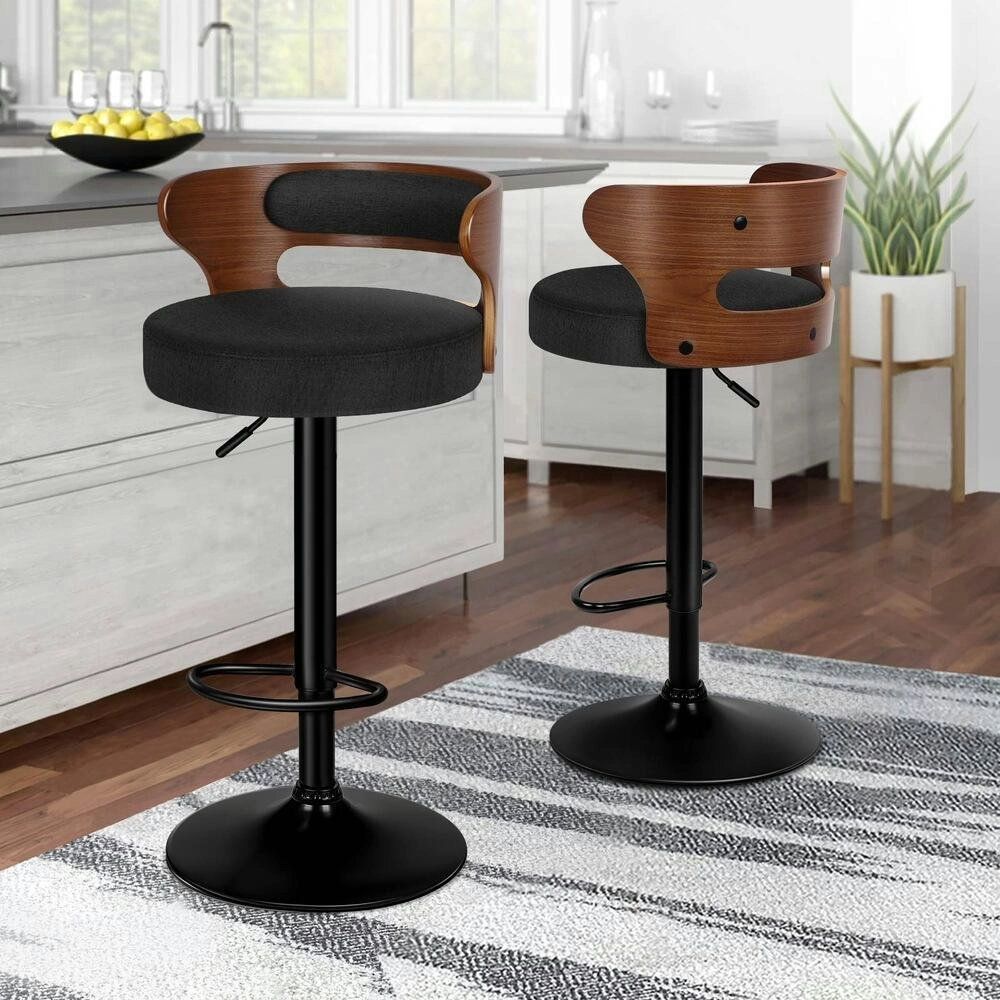 Alfordson 2x Bar Stool Kitchen Swivel Chair Wooden Linen Fabric Ramiro Black