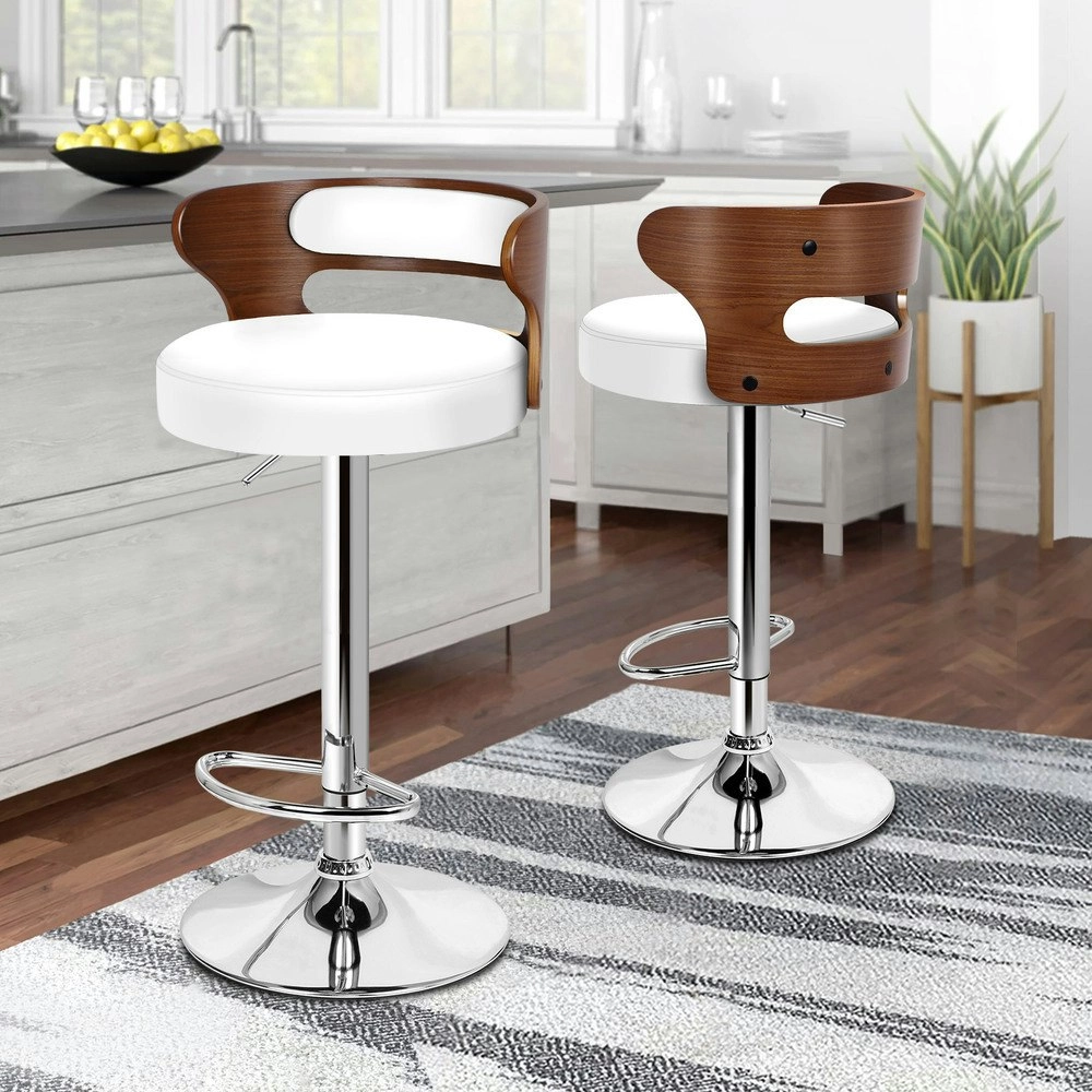 Alfordson 2x Bar Stool Kitchen Swivel Chair Wooden Leather Ramiro White