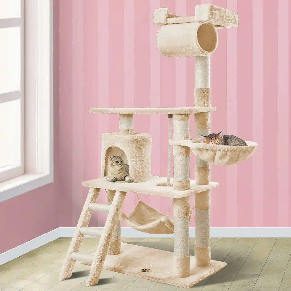 BEASTIE Cat Tree 140cm Beige Scratching Post Scratcher Tower