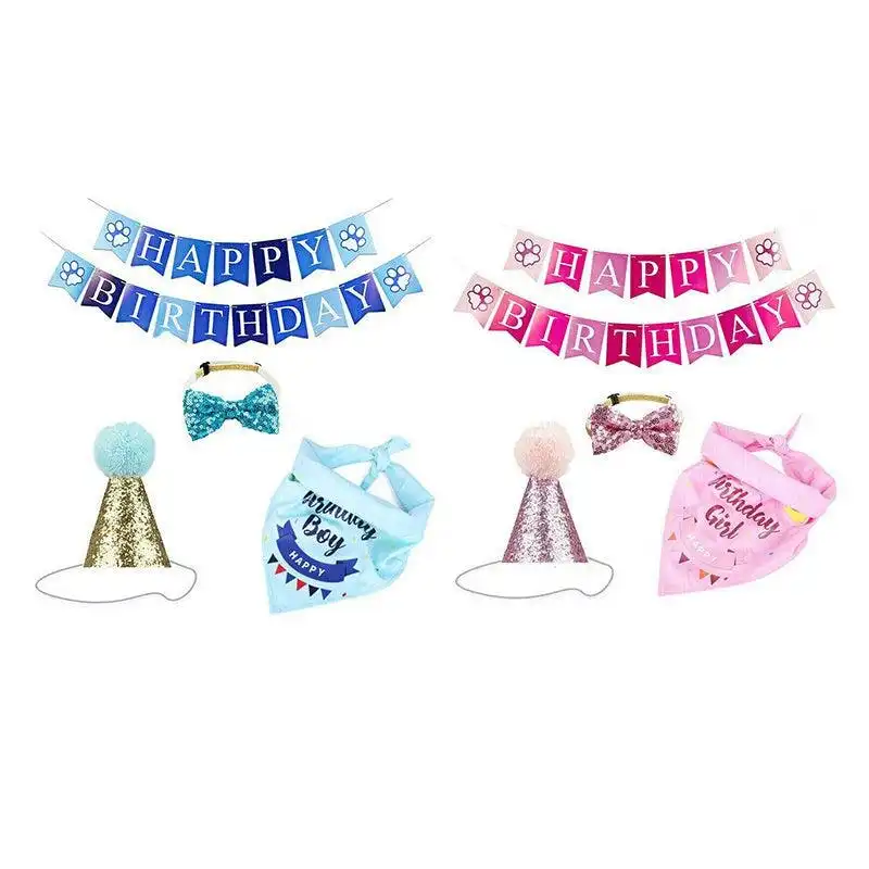Dog Pet Happy Birthday Banner Hat Headwear Bandana Neckerchief Ties Party Decor