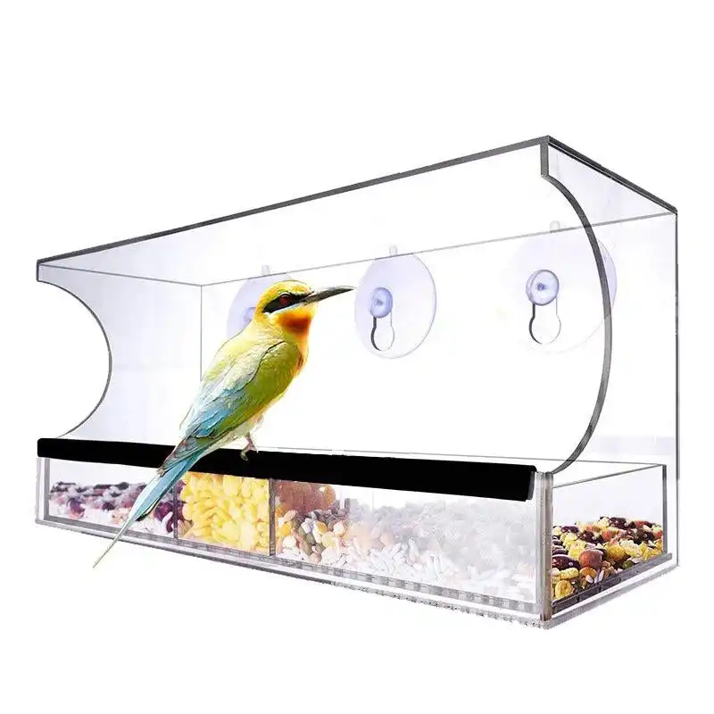 Large All Weather Clear Acrylic Window Bird Feeder With Tray & Drain Holes