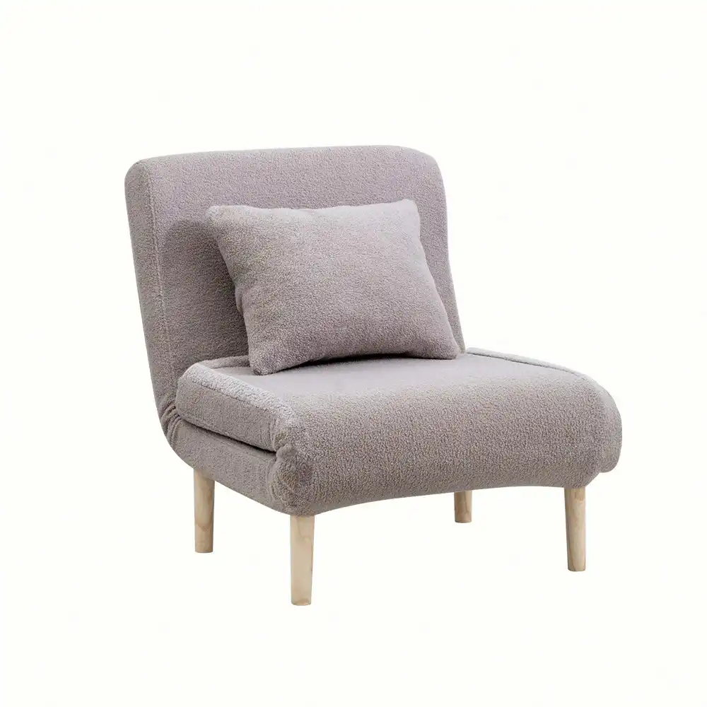 Furb Sofa Bed Lounge Chair Sherpa Fabric Folding Recliner Wood Leg Single Grey