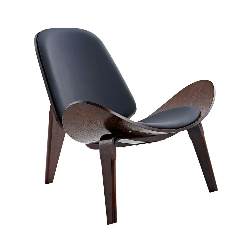 Furb Shell Chair Ash Plywood PU Leather Accent Chair Living Room Black