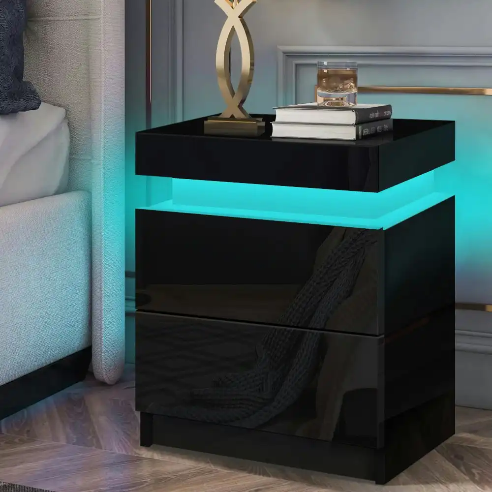 Alfordson Bedside Table LED Gloss Black