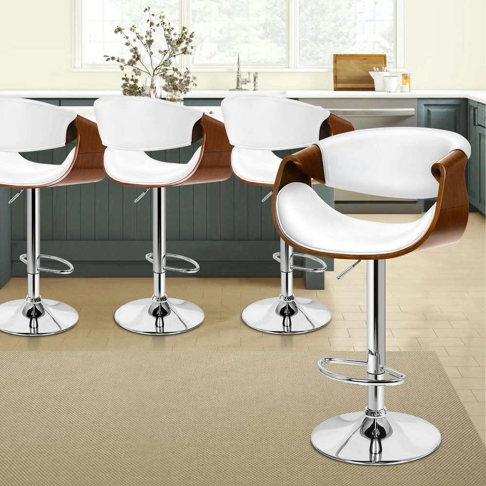 Alfordson 4x Bar Stool Kitchen Swivel Chair Wooden Leather Trice White