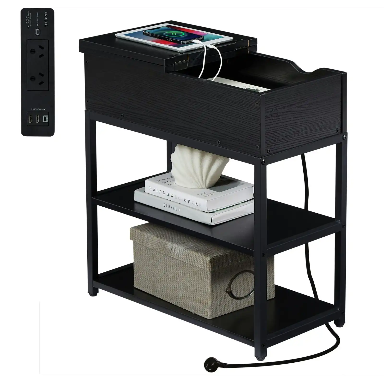 Casadiso 3-Tier Sofa Side Table with Charging Station Narrow Coffee Table with Drawer Black USB Power Board (Saiph)