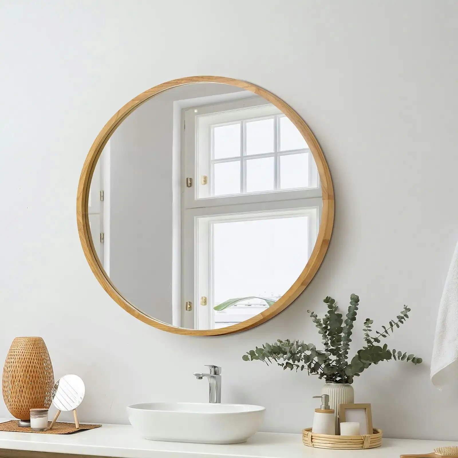 Oikiture 60cm Wall Mirrors Round Makeup Mirror Home Decor Wooden Dining Room