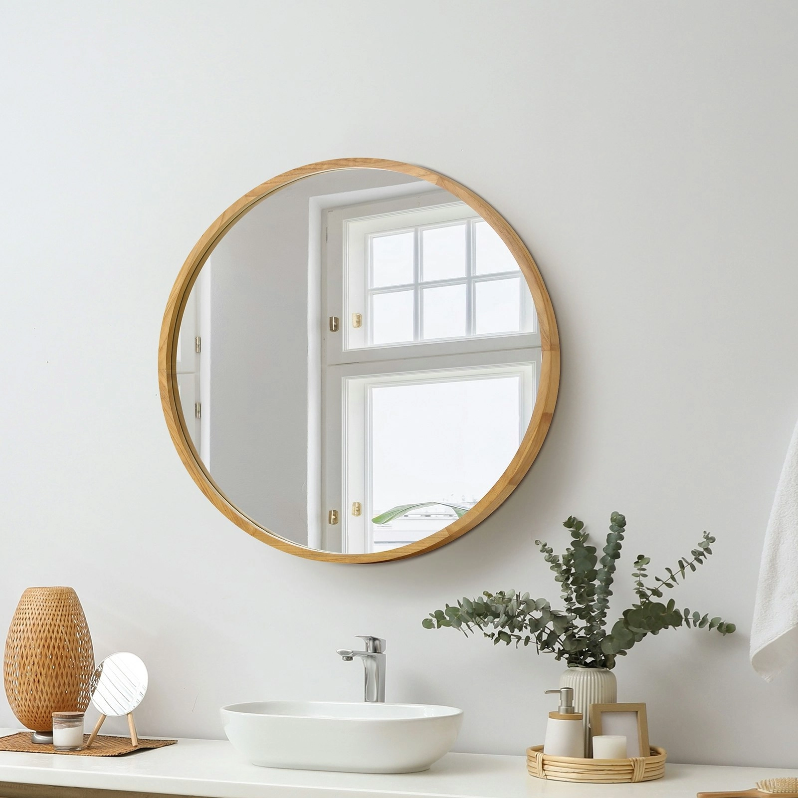 Oikiture Wall Mirrors Round Makeup Mirror Vanity Home Decor 50cm Wooden