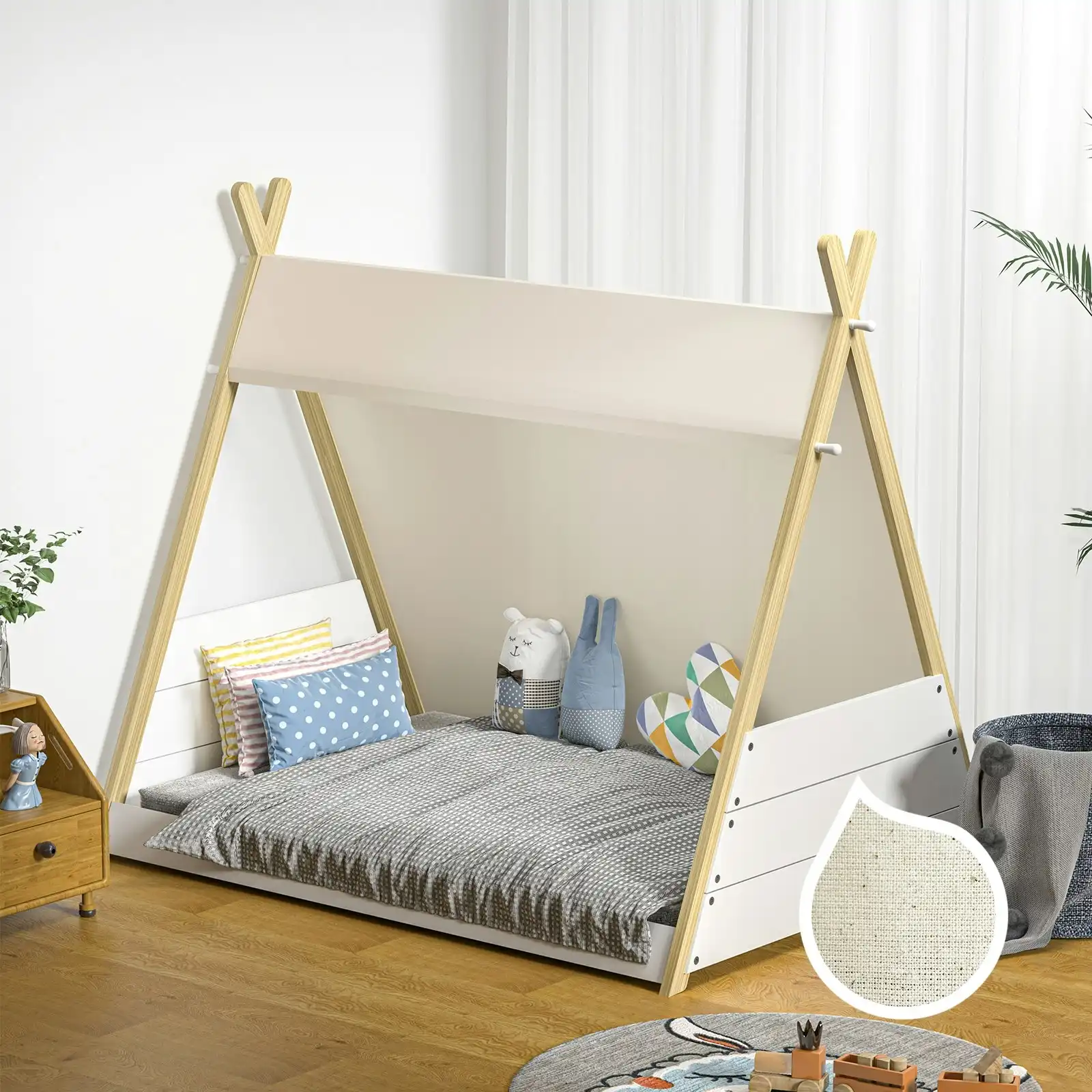 Oikiture Kids Bed Frame Wooden Timber Single Teepee Bed Frame Platform Base