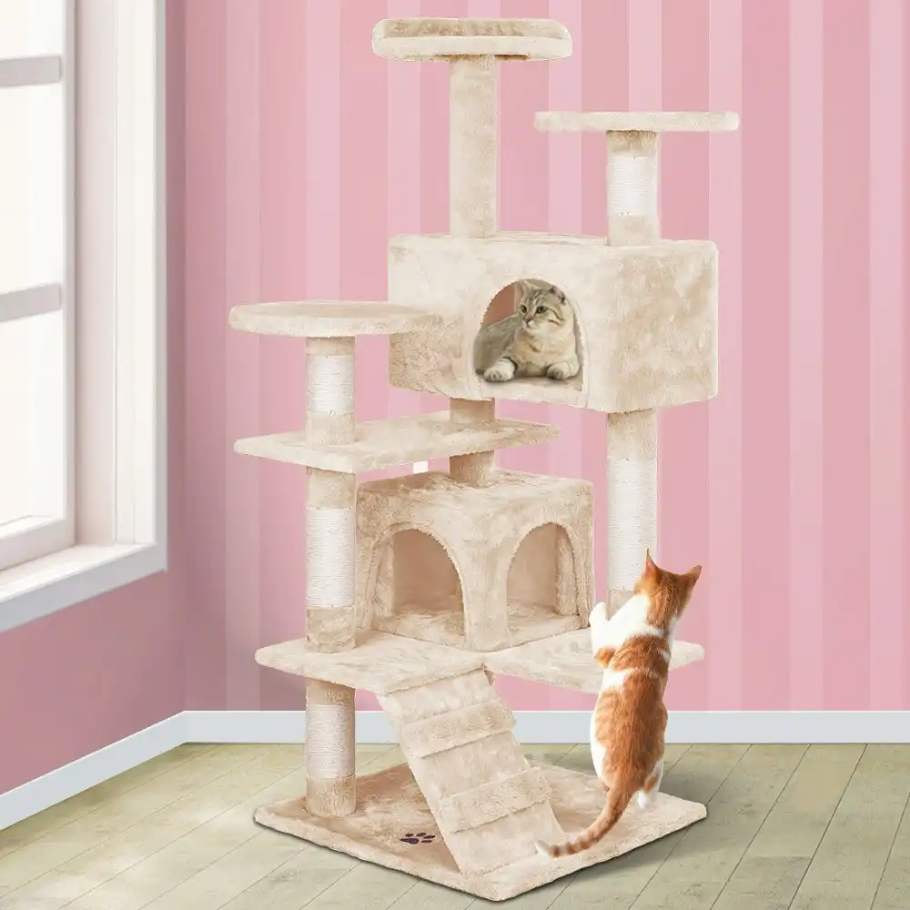 BEASTIE Cat Tree 132cm Beige Scratching Post Scratcher Tower