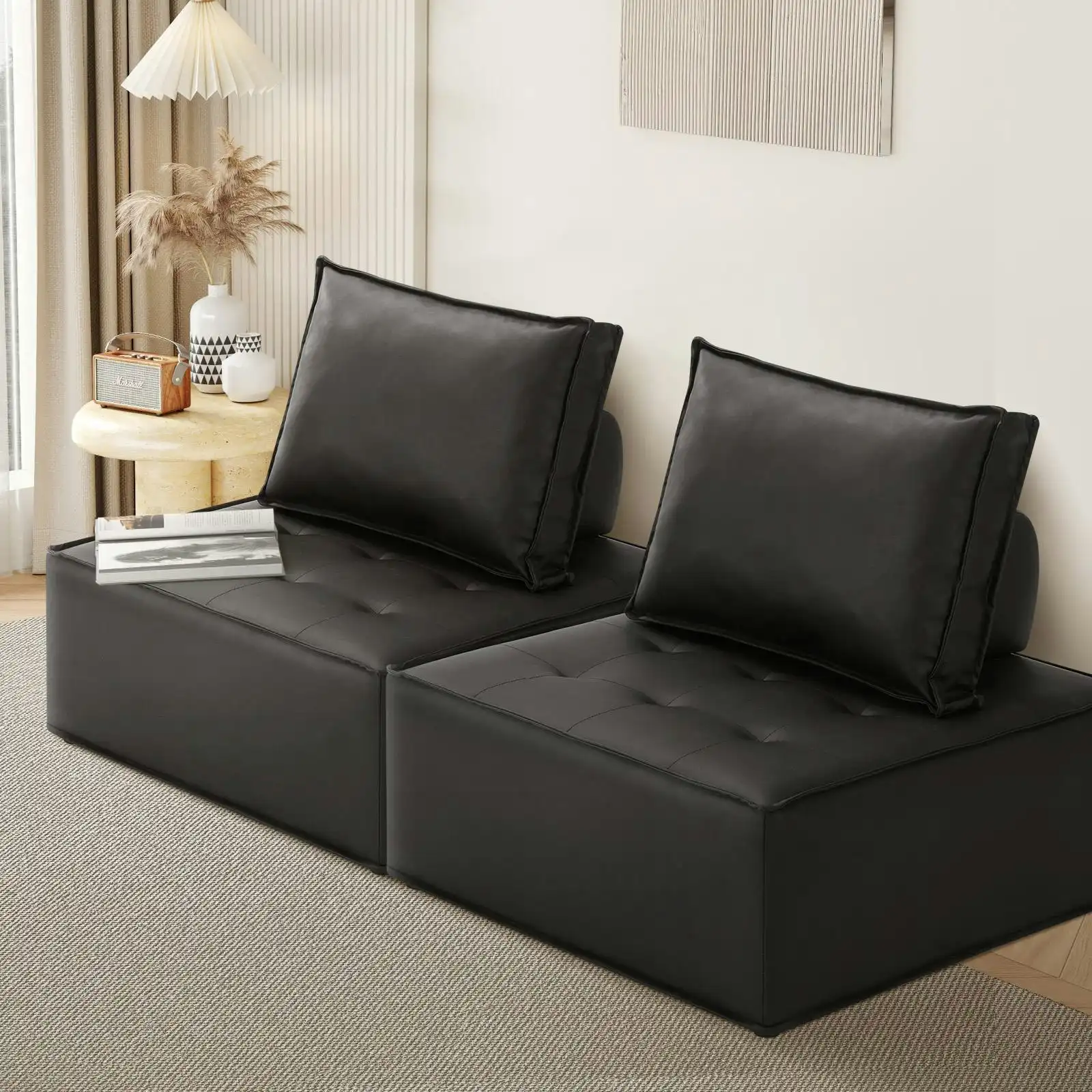 Oikiture 2PC Modular Sofa Lounge Chair Armless TOFU Back PU Leather Black