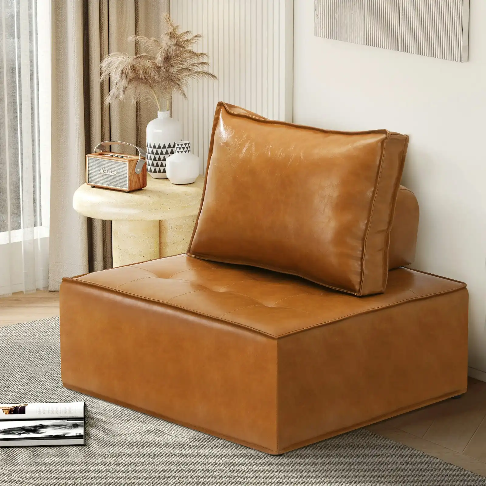 Oikiture 1PC Modular Sofa Lounge Chair Armless TOFU Back PU Leather Brown