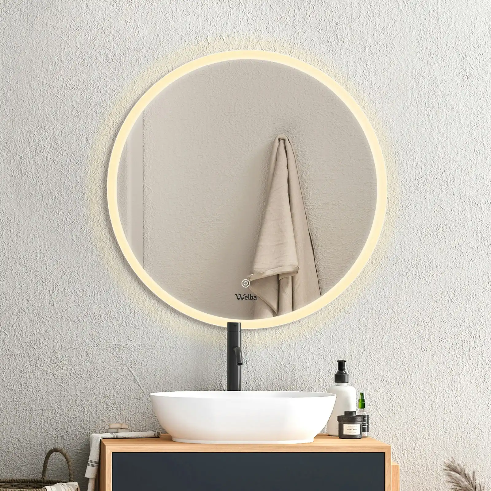 Welba 70cm LED Round Bathroom Mirror Anti-fog Smart Vanity Makeup Wall Mirrors