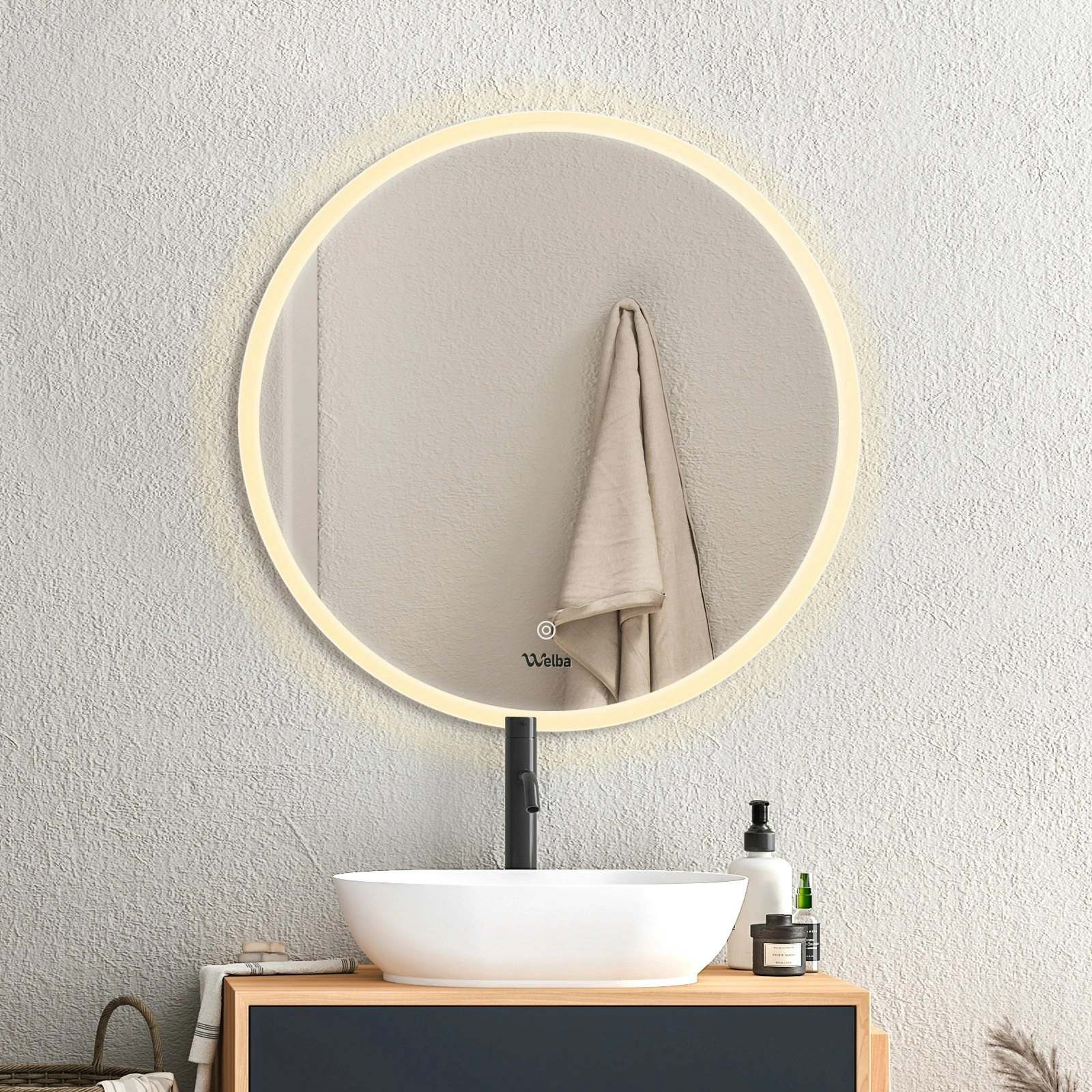 Welba 70cm LED Round Bathroom Mirror Anti-fog Smart Vanity Makeup Wall Mirrors