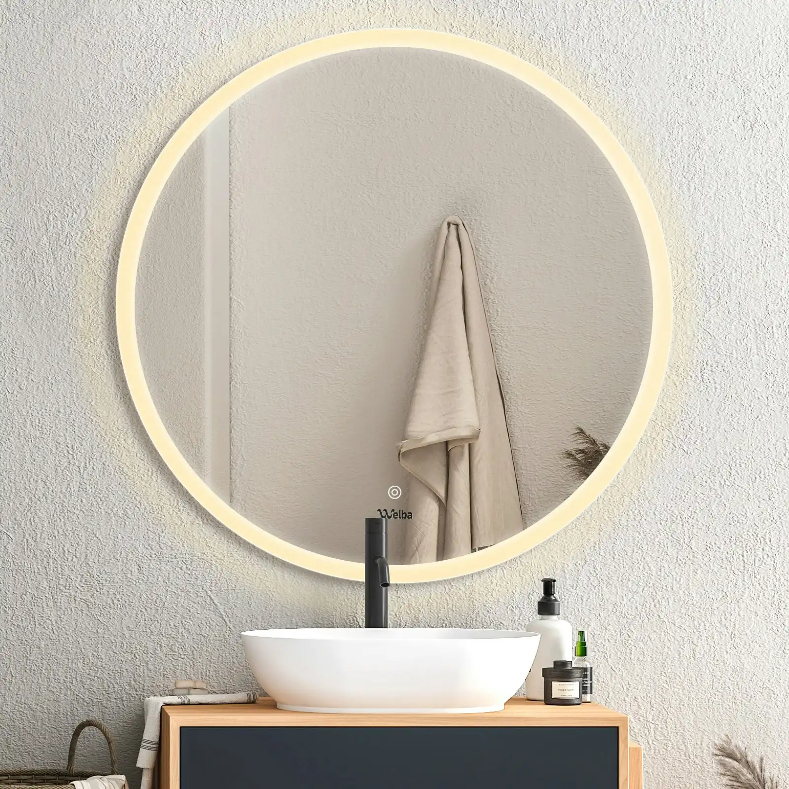 Welba 90cm LED Round Bathroom Mirror Anti-fog Large Makeup Wall Mirrors Vanity