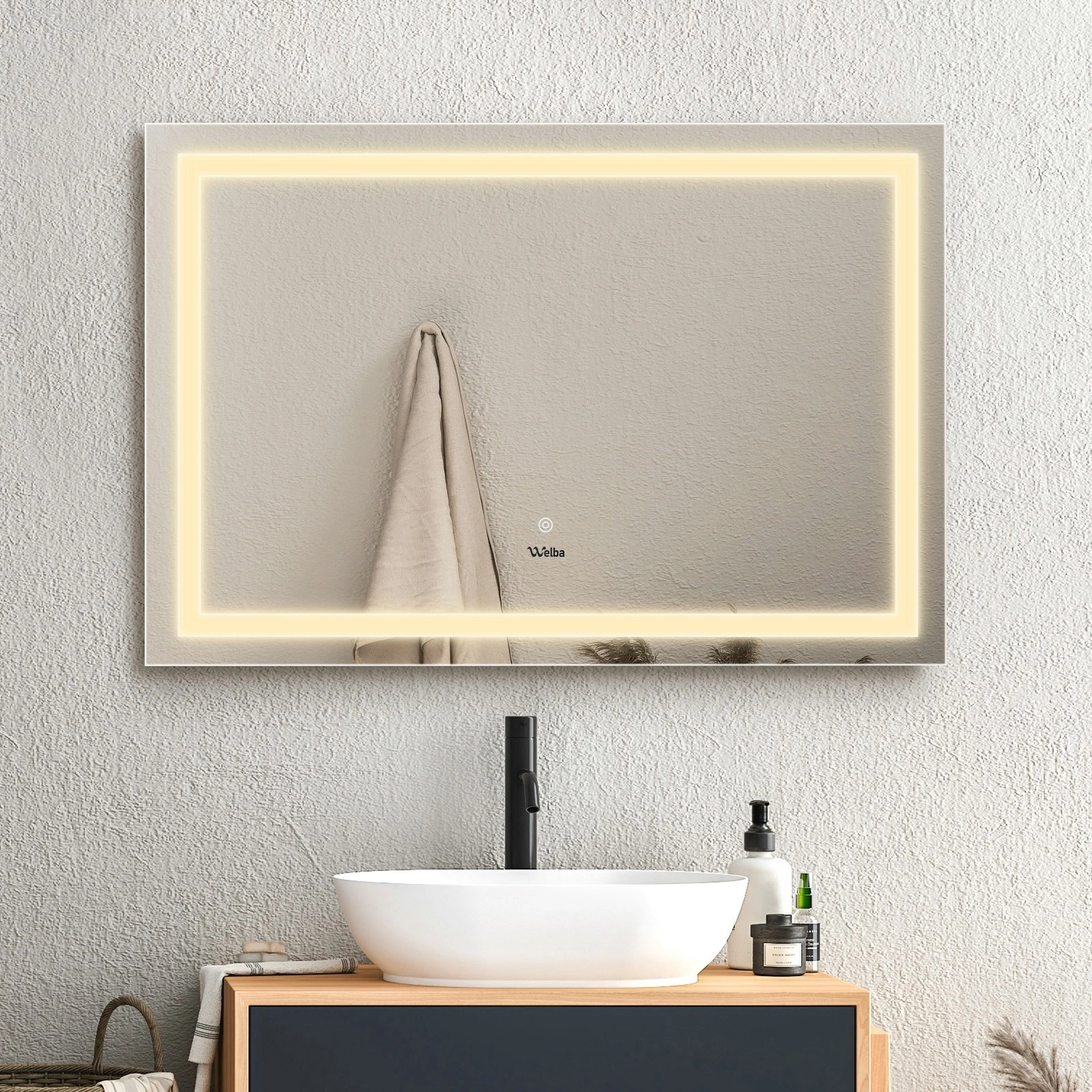 Welba LED Rectangle Bathroom Mirror Smart Anti-fog Makeup Wall Mirrors 100x70cm