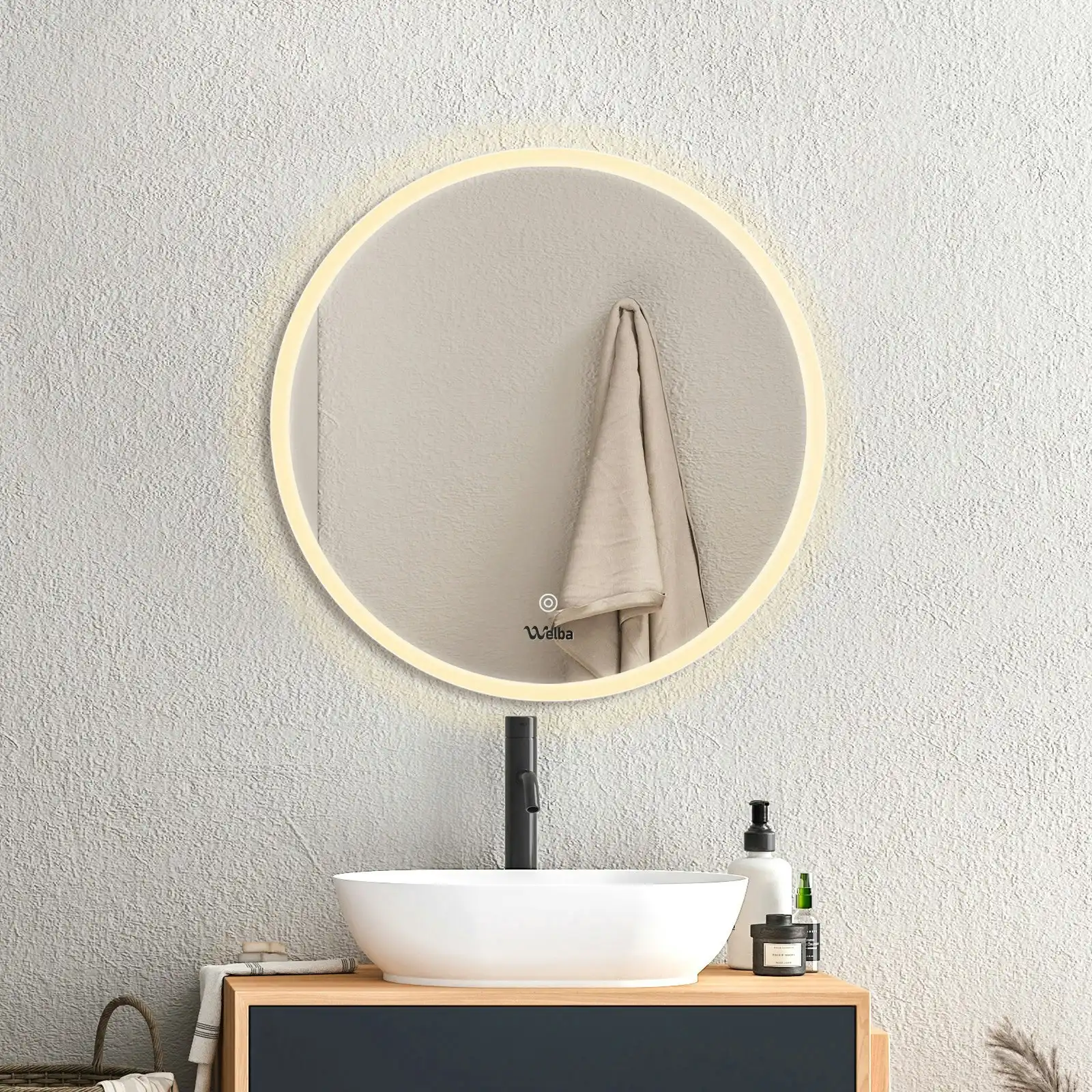 Welba 60cm LED Round Bathroom Mirror Makeup Anti-fog Smart Mirrors Light Decor