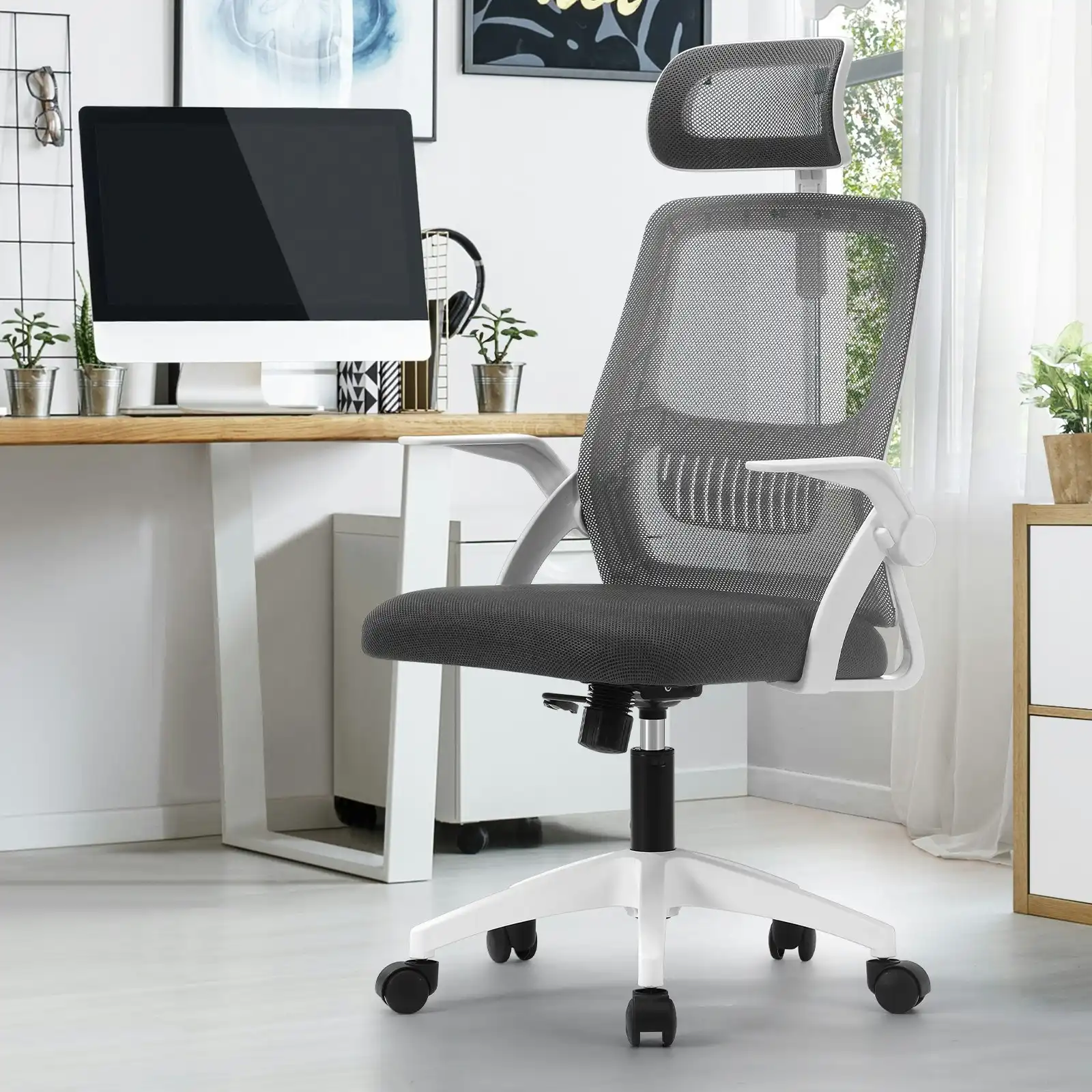 Oikiture Mesh Office Chair Executive Fabric Gaming Seat Racing Tilt Computer Dark Grey&White
