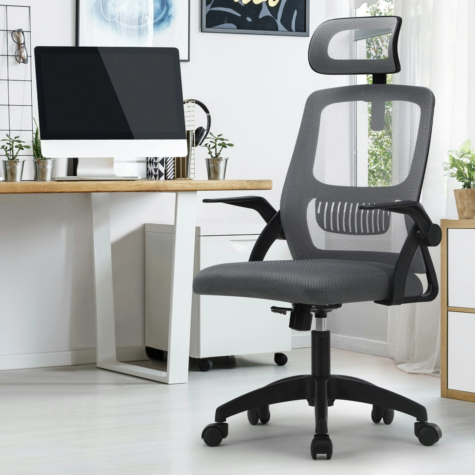 Oikiture Mesh Office Chair Executive Fabric Gaming Seat Racing Computer Dark Grey&Black