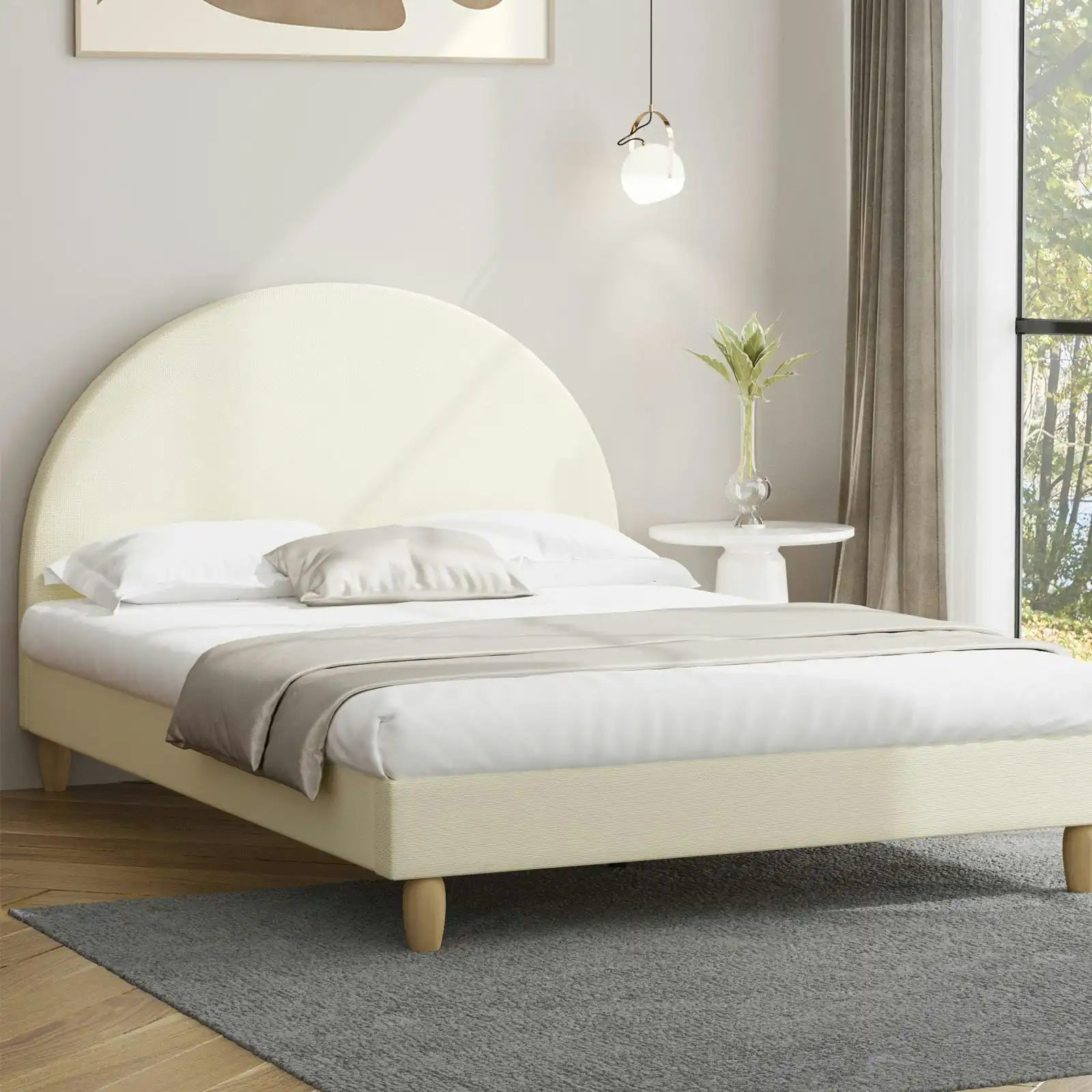 Oikiture Bed Frame King Single Size Beige Fabric Arched Beds Platform