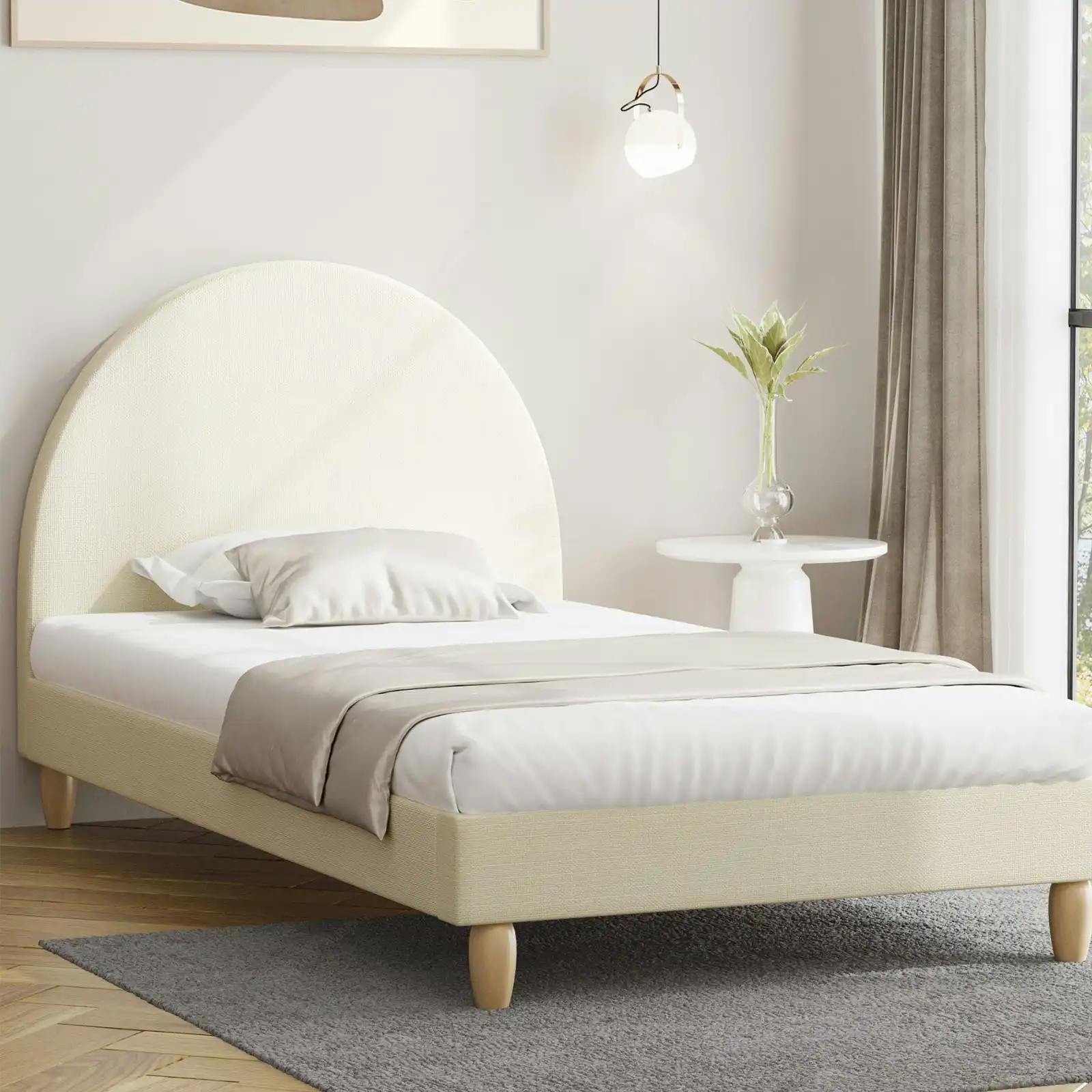 Oikiture Bed Frame Single Size Beige Fabric Arched Beds Platform