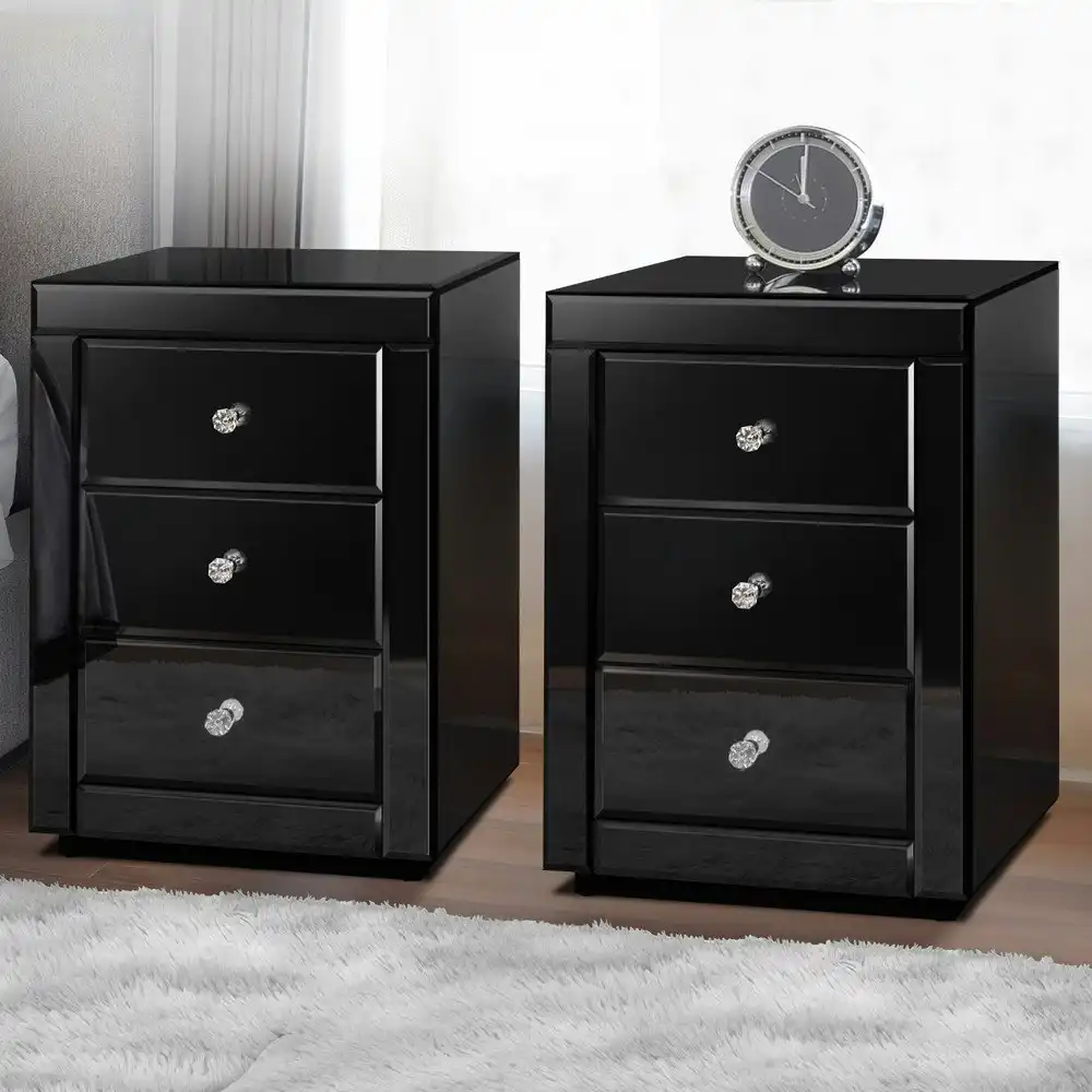 Alfordson 2x Bedside Table Mirrored Black