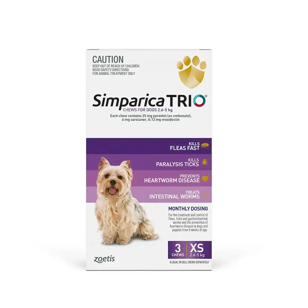 Simparica Trio Purple For Extra Small Dogs (2.6-5kg) - 3 Pack, 6 Pack & 12 Pack