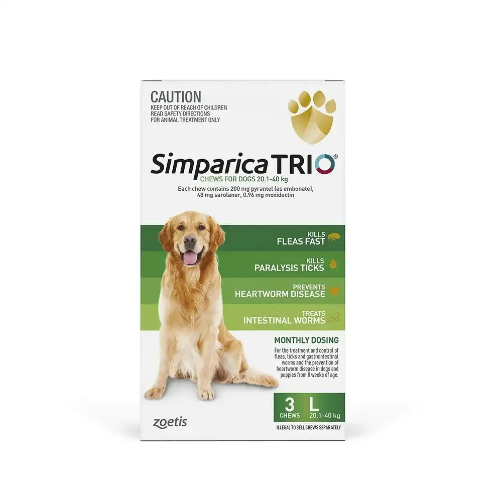 Simparica Trio Green For Large Dogs (20.1-40kg) - 3 Pack, 6 Pack & 12 Pack