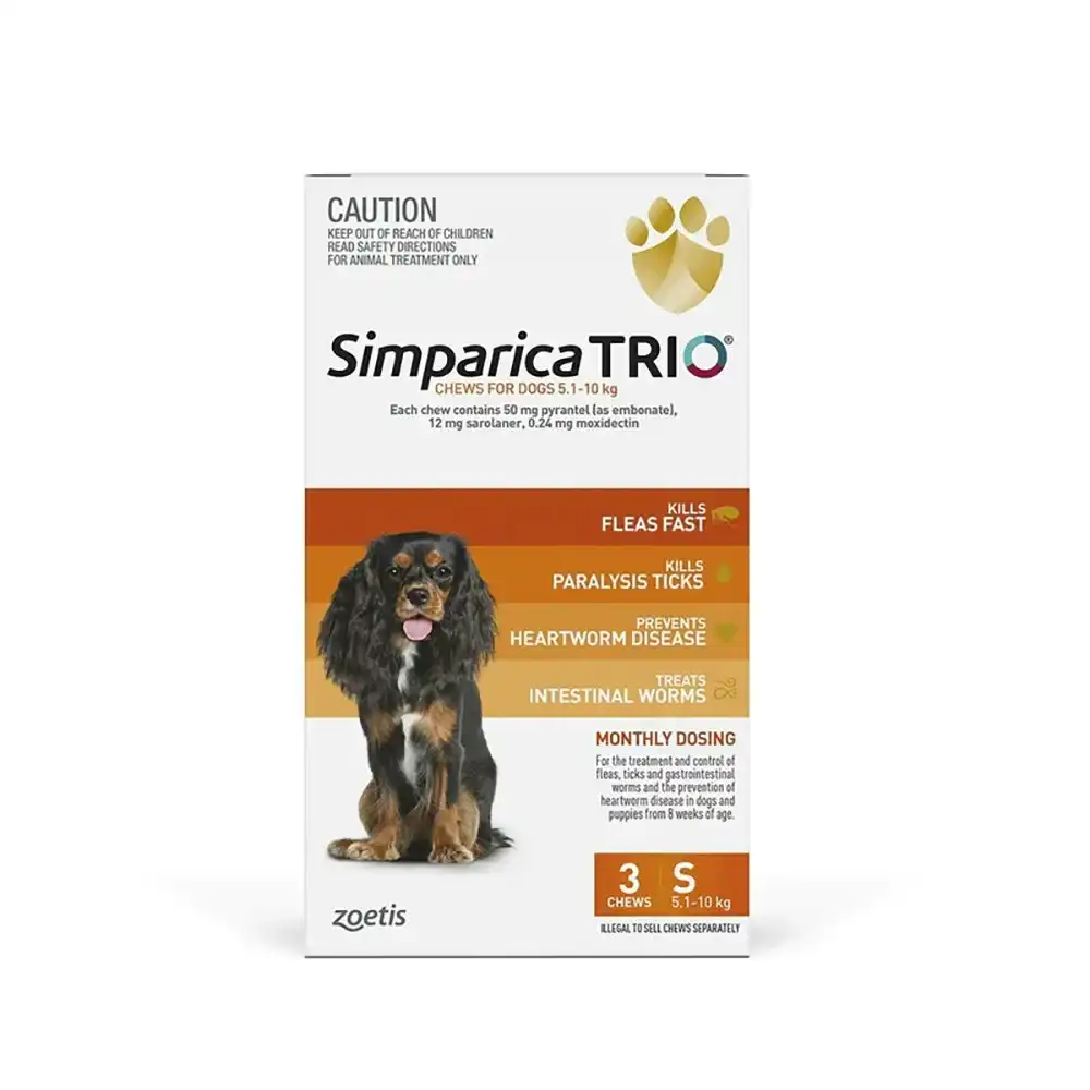 Simparica Trio Orange For Small Dogs (5.1-10kg) - 3 Pack, 6 Pack & 12 Pack